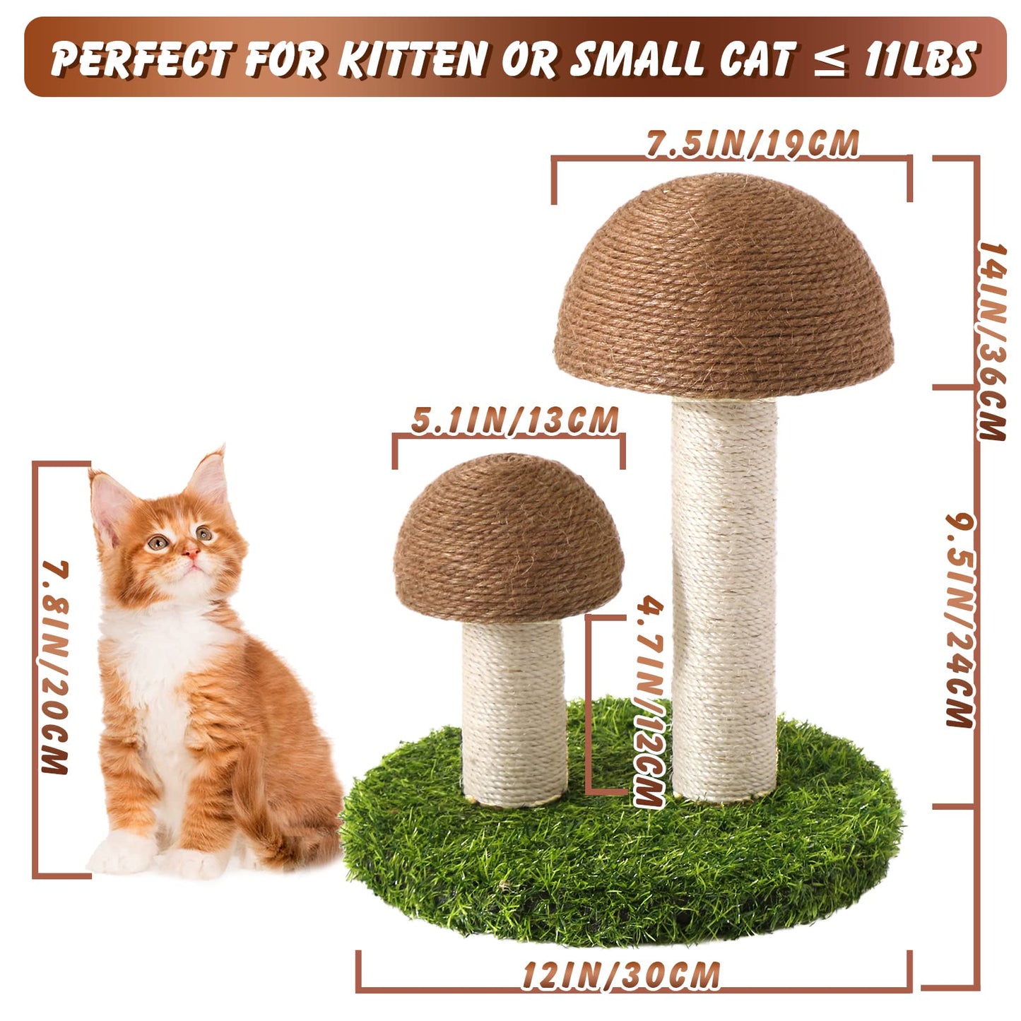 Lihaobm Cat Scratching Post - Mushroom Cat Scratcher Featuring with Natural Sisal Caps Scratch Pole and Sturdy Base for Kittens & Small Cats - Brown
