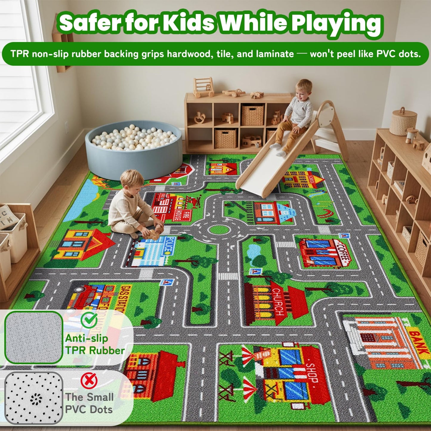 Mfmiudole Kids Carpet Car Play Rug, 7'X5' Non-Slip Kids Rug for Playroom, Town City Road Map Rug, Extra Large Boys Children Car Track Carpet for Playroom, Bedroom, Living Room (Green, 200X150 CM)