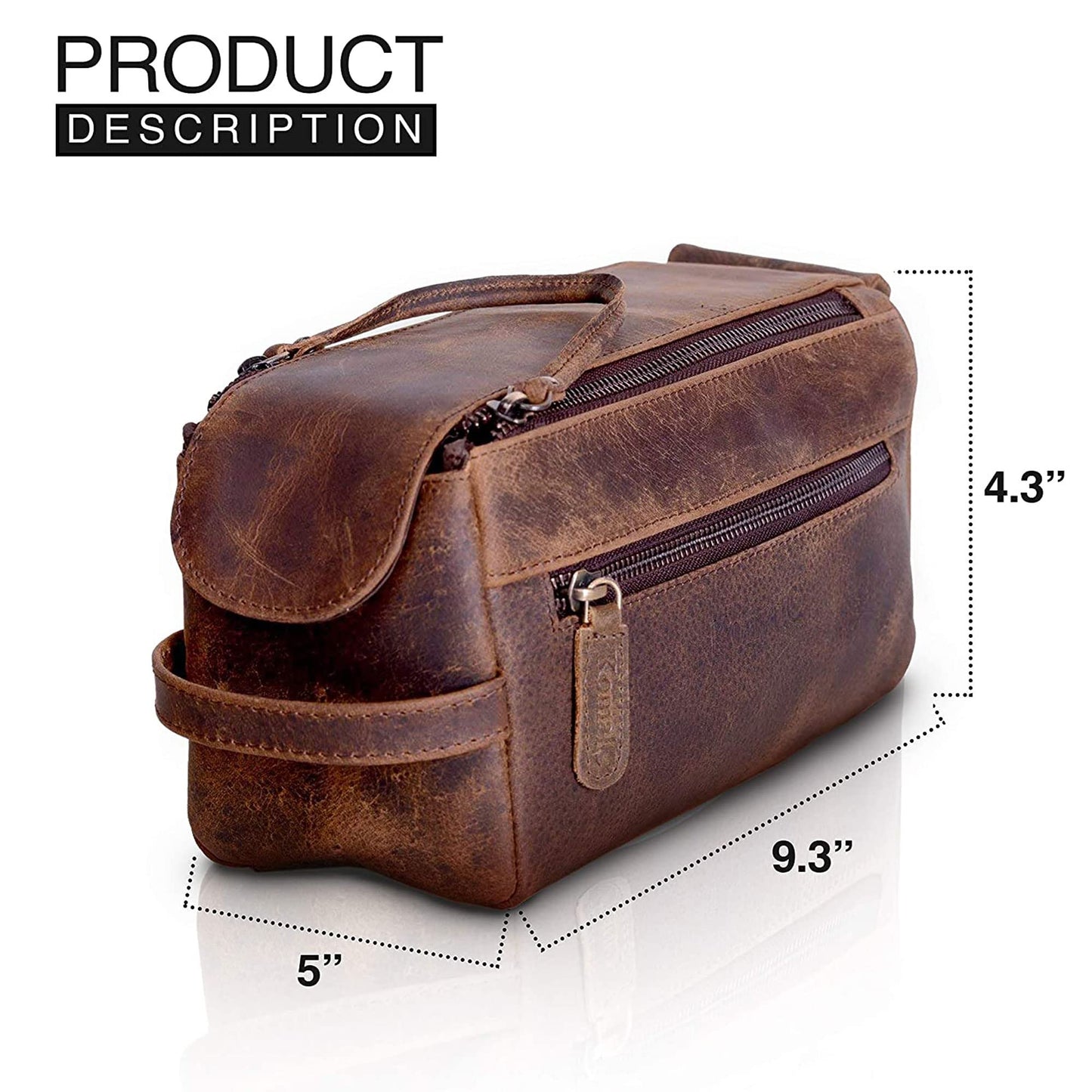 Premium Buffalo Leather Unisex Toiletry Bag Travel Dopp Kit Shaving kit (Distressed Tan)