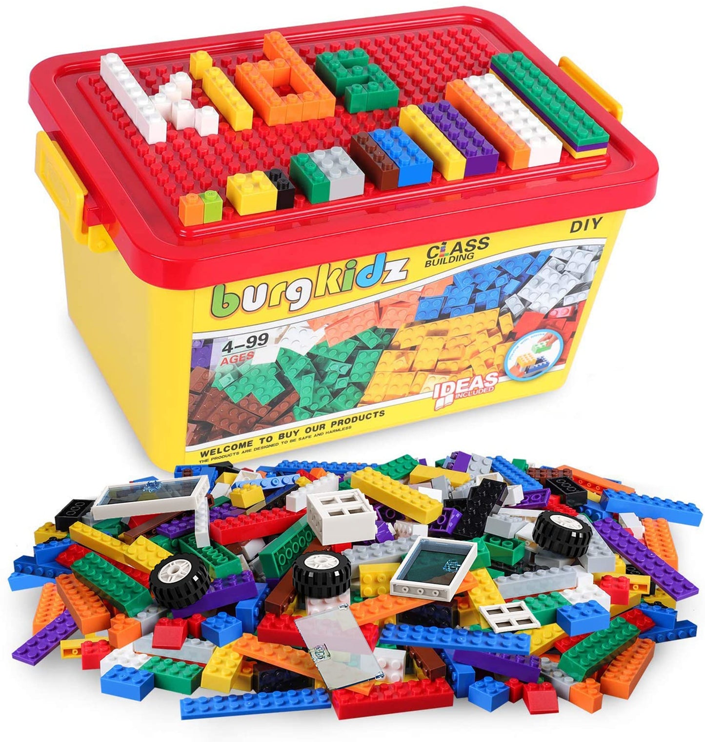 Building Bricks 520 Pieces Set, 500 Basic Building Blocks in 17 Shapes Includes Wheels, Door, Window, Bulk Block with Reusable Storage Box and Building Base Plate, Compatible to All Major Brands