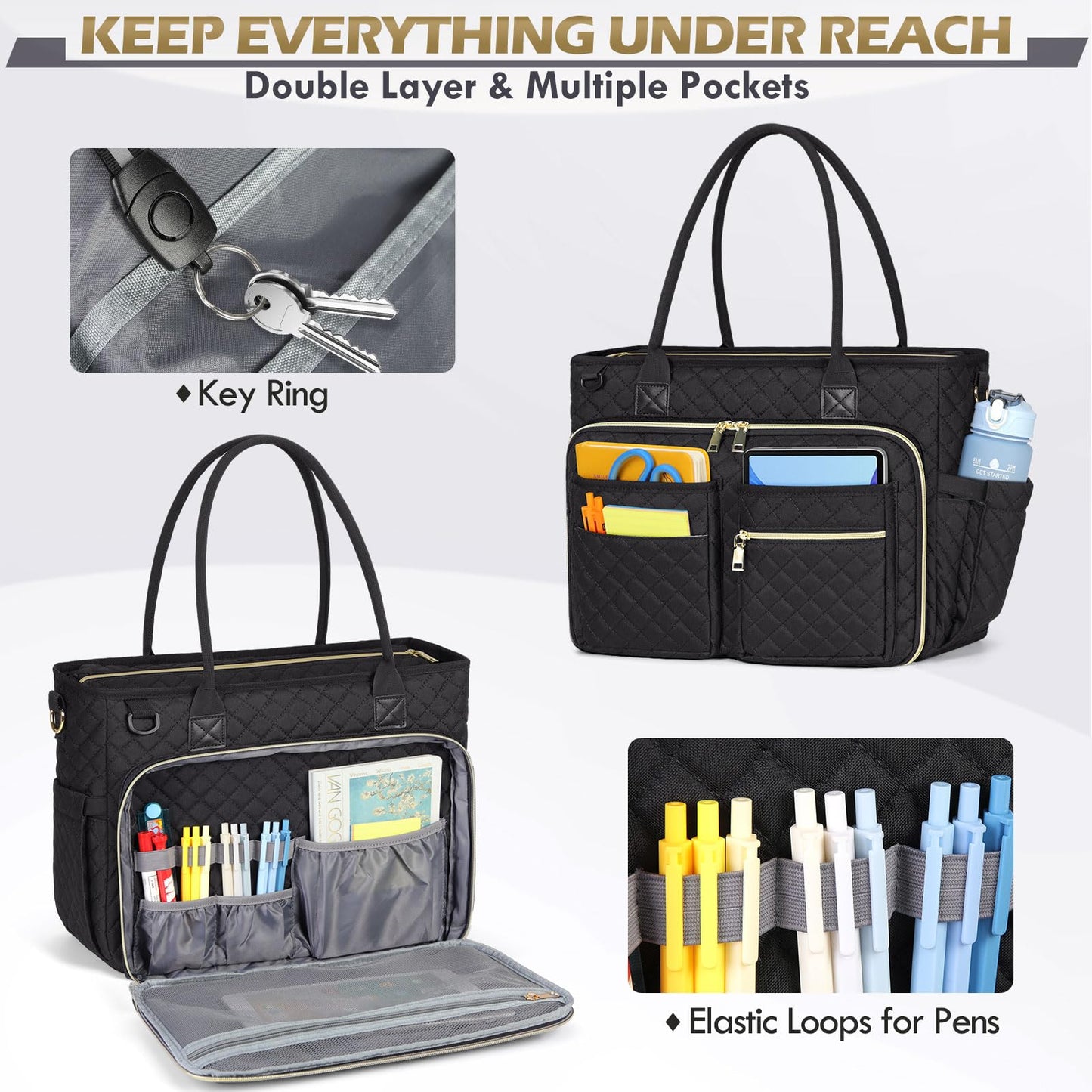 Teacher Tote Bag 15.6 inch Laptop Bag for Women Large Laptop Tote Work Bag Nurse Bag Professional Computer Messenger Bag with Insulated Pocket, Briefcase for Office, College, Nursing, Black
