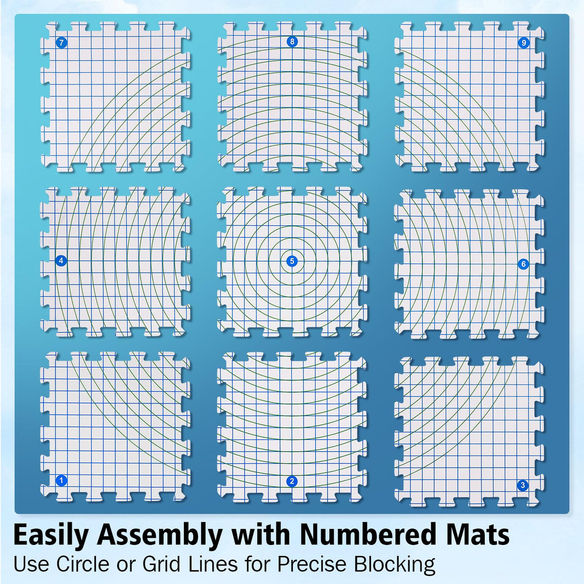 Yiitoll Blocking Mats for Knitting, Extra Thick Knitting Blocking Mats with Grid Radial Lines, 9 Packs Crochet Blocking Board with 100 T-pins and Storage Bag (White)