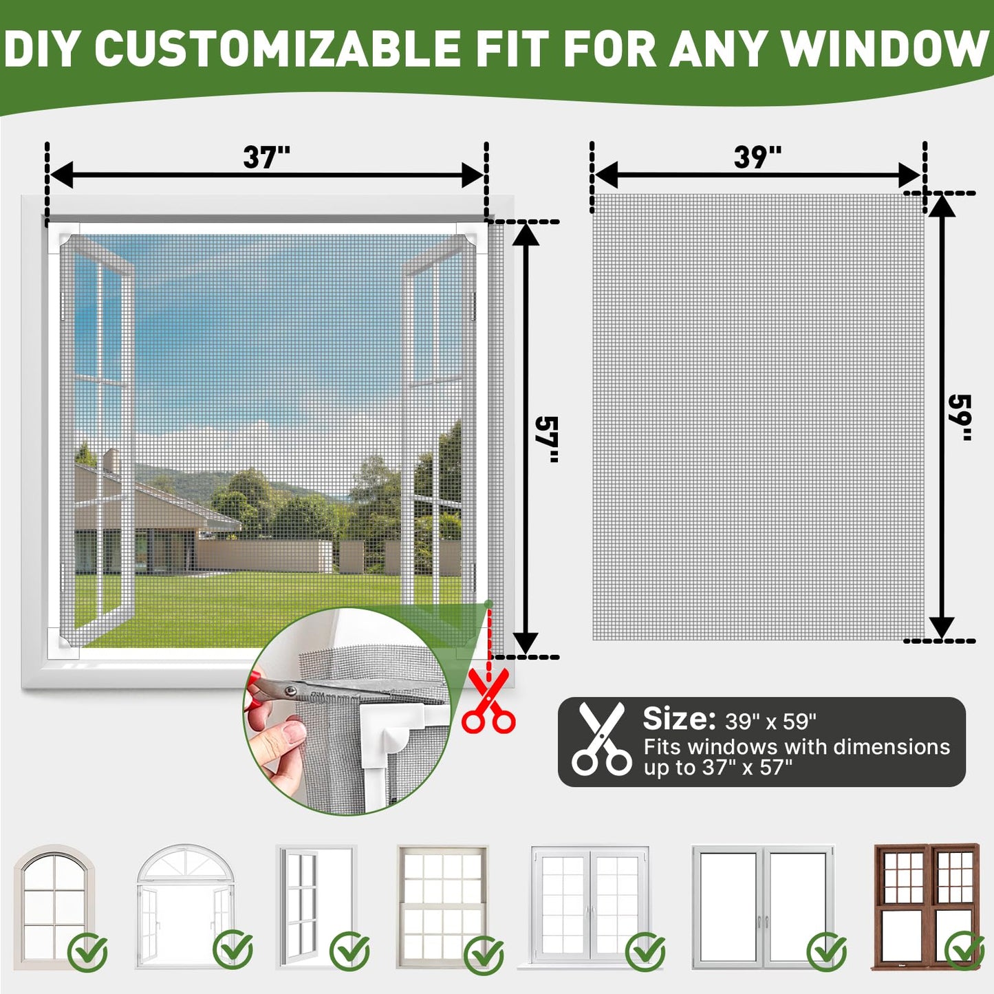 HOFUDON Window Screen Adjustable Magnetic Moustiquaire Magnétique Replacement Max 39" x 59"（100cm x 150cm), DIY Fiberglass Mesh Window Screens for House Windows White Frame Grey Mesh