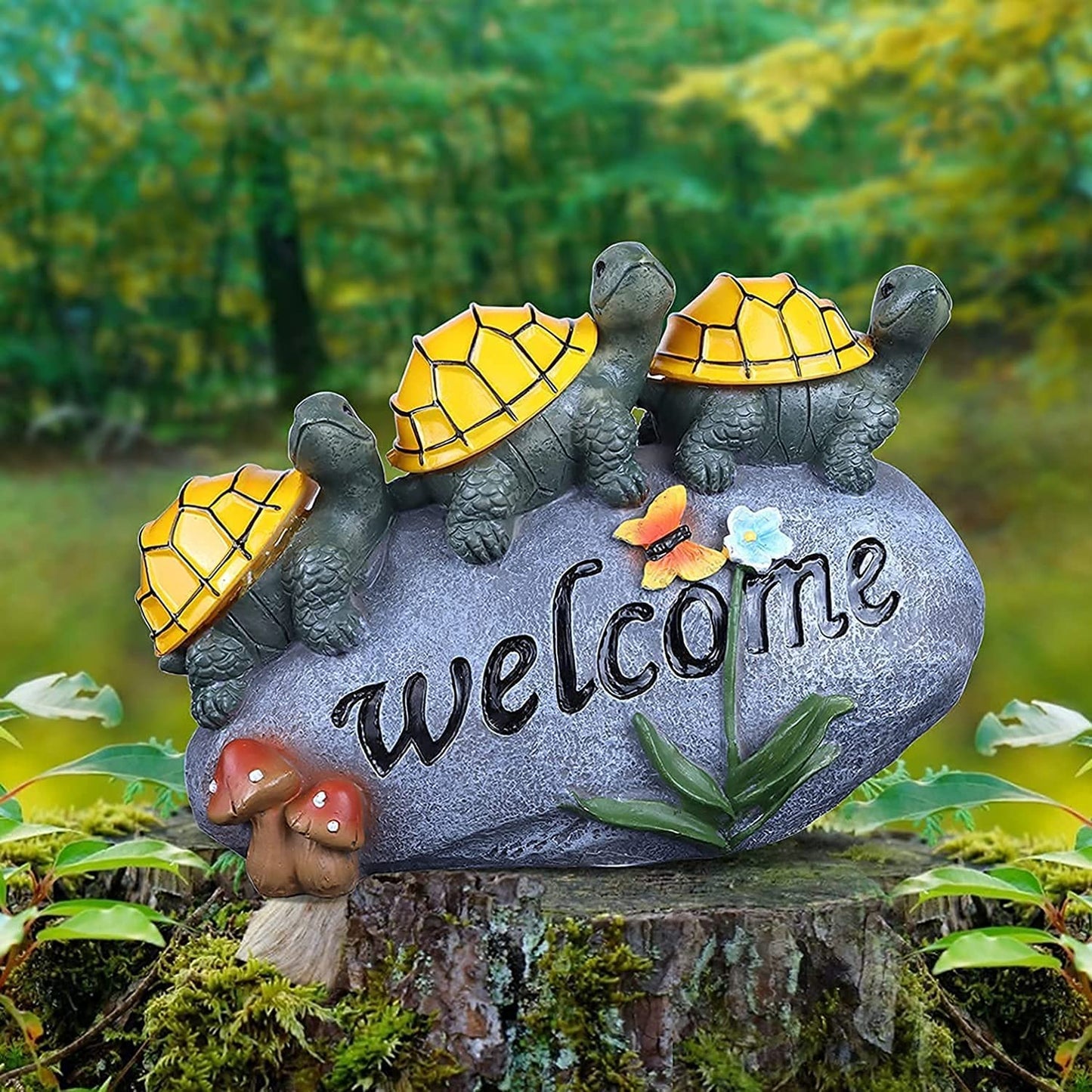 Solar Garden Statue Outdoor Waterproof Turtle Decor Light, 3 Turtles on a Rock Solar Outdoor Figurine Lights with Welcome Sign, Lawn Ornaments for Patio Yard Pathway Walkway