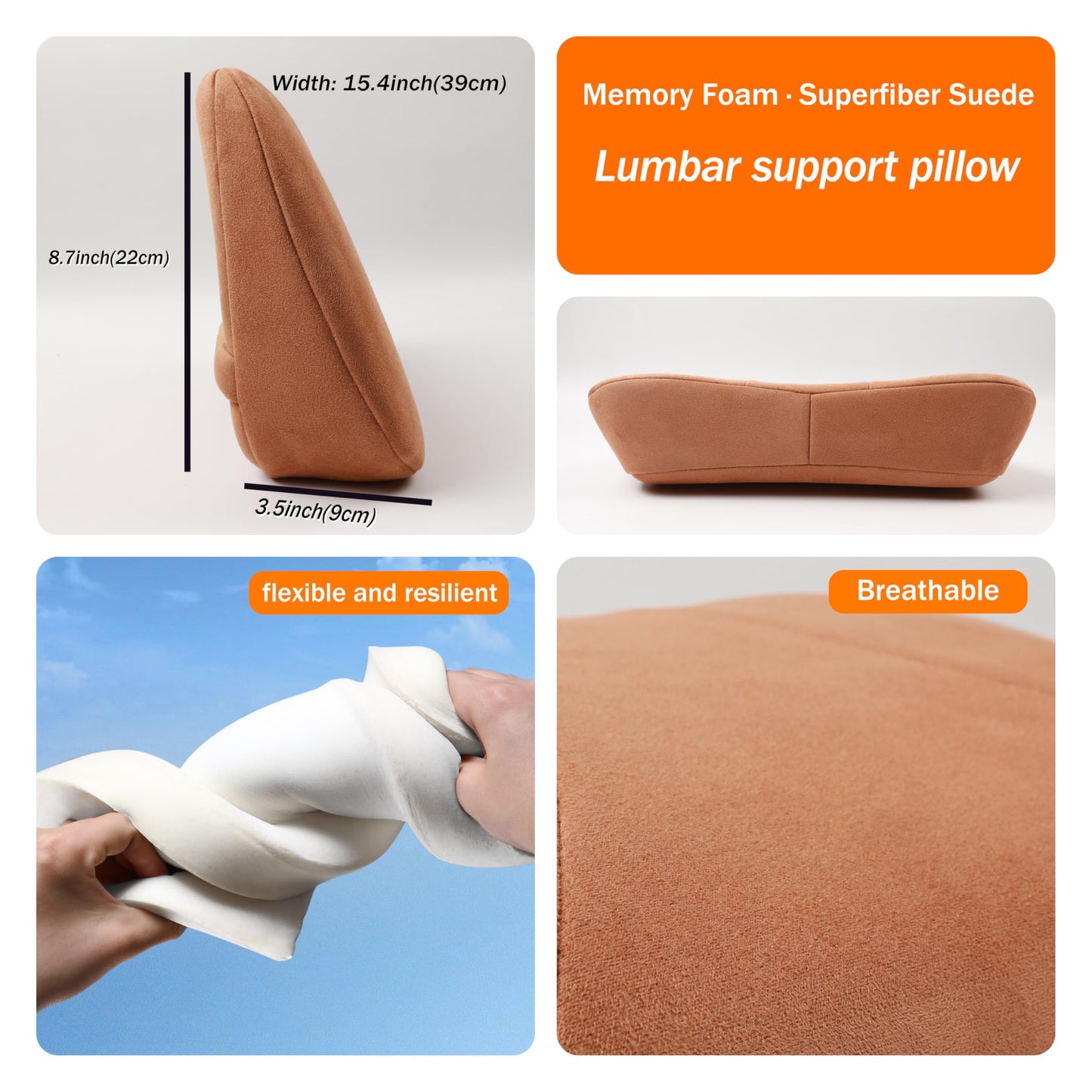 POKSRI Lumbar Support Pillow,Back Pain Relief Cushion,fits Tightly Around the Waist,Memory Foam,Skin-Friendly Suede Fabric,fit Car Drive,Office Chair,Rest seat,Improve Posture,Portable,39x22cm