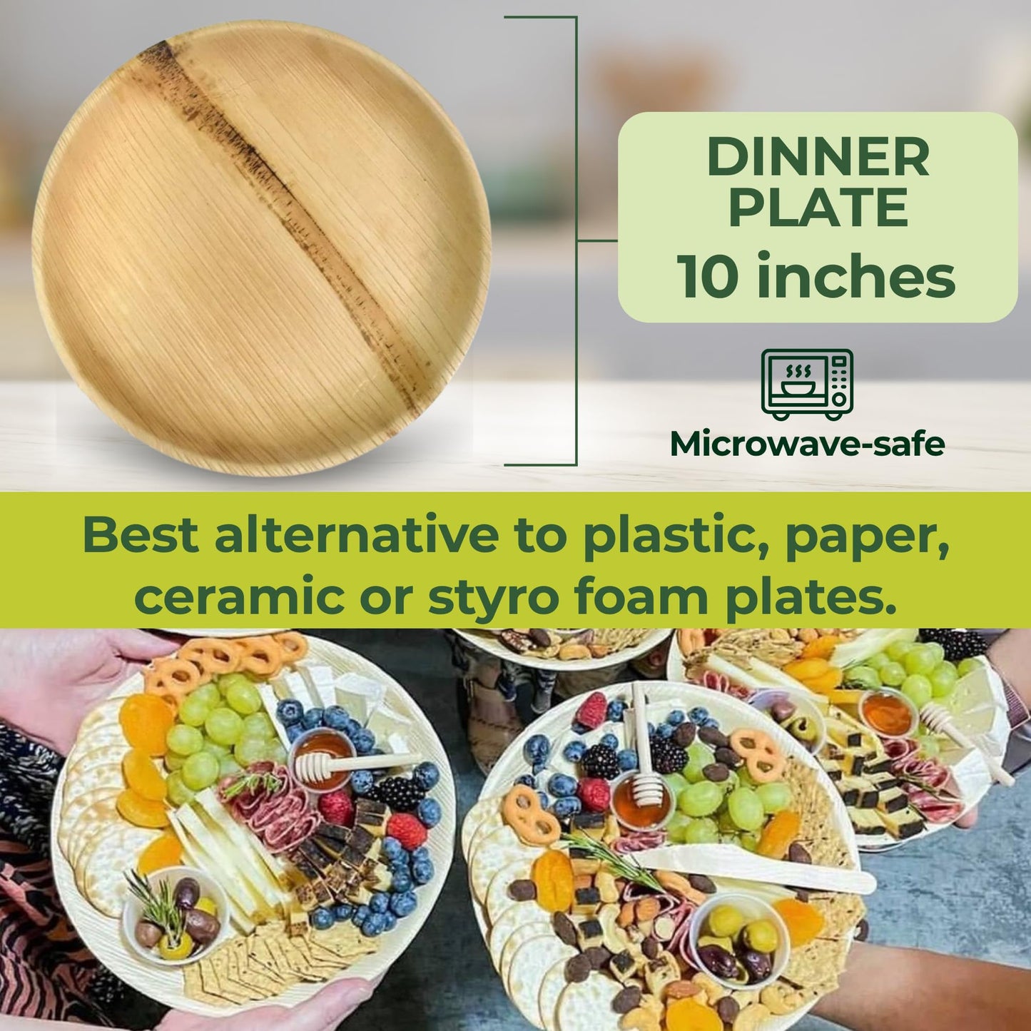 Dtocs Round Palm Leaf Disposable Plates 10 Inch (50 Pcs) | Heavy Duty Dinner Plates, Charcuterie Boards | Premium Wooden Bamboo Look Party Plate Set for Catering, Wedding | Alt to Paper Plates 10 Inch