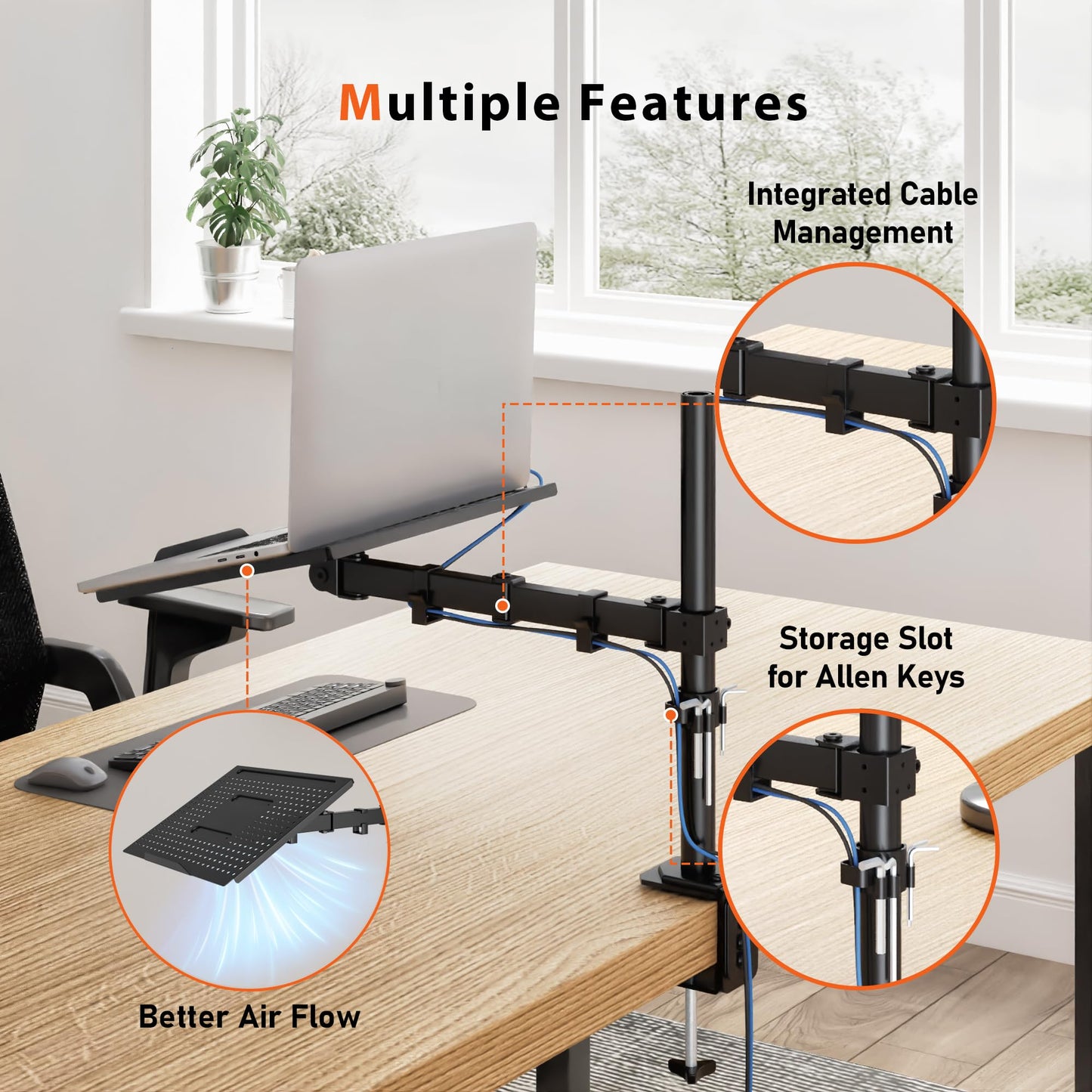 Redbat Laptop Arm for Laptop/Notebook up to 17 inch, Height Adjustable Laptop Arm for Desk Weight up to 22lbs, Laptop Mount with 2 Mounting Options, VESA 75/100 for Monitor 13-32 inch, Black