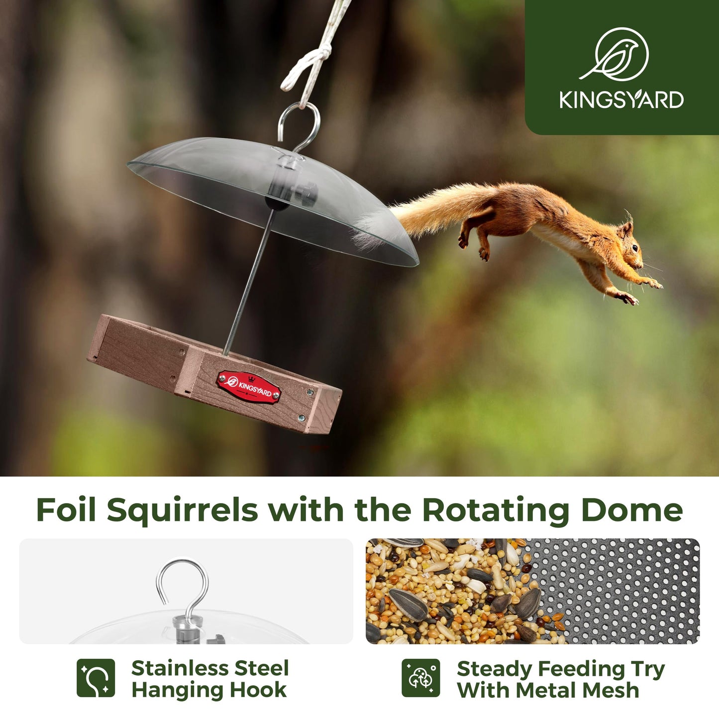 Kingsyard Platform Bird Feeder for Outdoor Hanging - Rugged Recycled Plastic Wild Bird Feeding Station with Adjustable Dome & Metal Mesh Tray. Brown