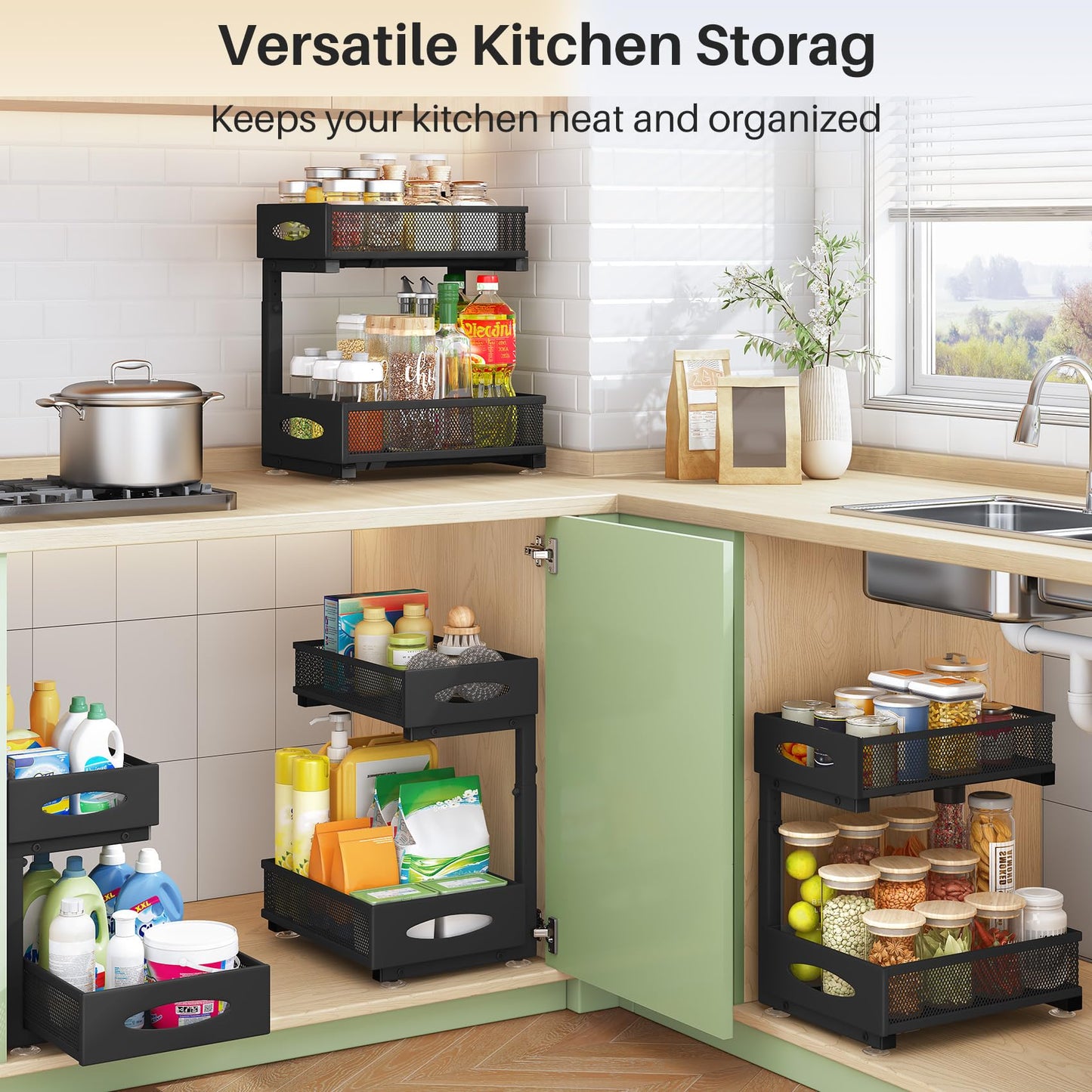 Under Sink Organizer, 2 Tier Pull out Cabinet Organizer Baskets with Mesh Sliding Drawers, Slide out Storage Shelf for Home, Kitchen, Bathroom, Pantry, Office Cabinet(2 Pack)