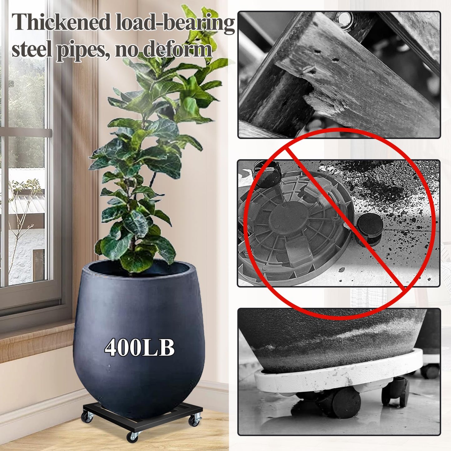 Plant Stand with Wheels, 2 Pack Metal Rolling Plant Caddy Holds up 400 Lbs with Lockable Caster, 11.75'' Square Heavy Duty Plant Stand for Indoor Outdoor