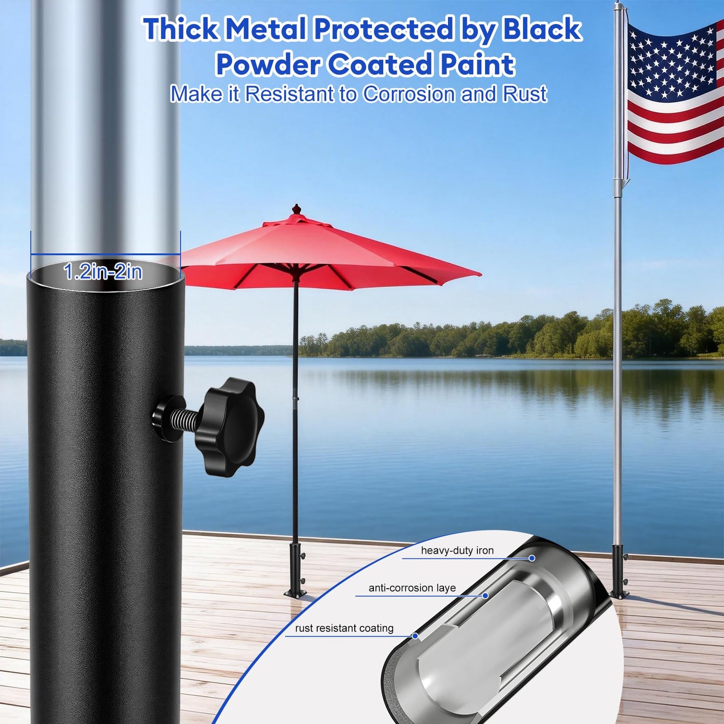 Lalafancy Patio Umbrella Stand Base, 4" Square Reinforced Heavy Duty Outdoor Deck Umbrella Mount Holder, Fits 1/4"-1 9/10" Diameter Poles in Porch Poolside, Black
