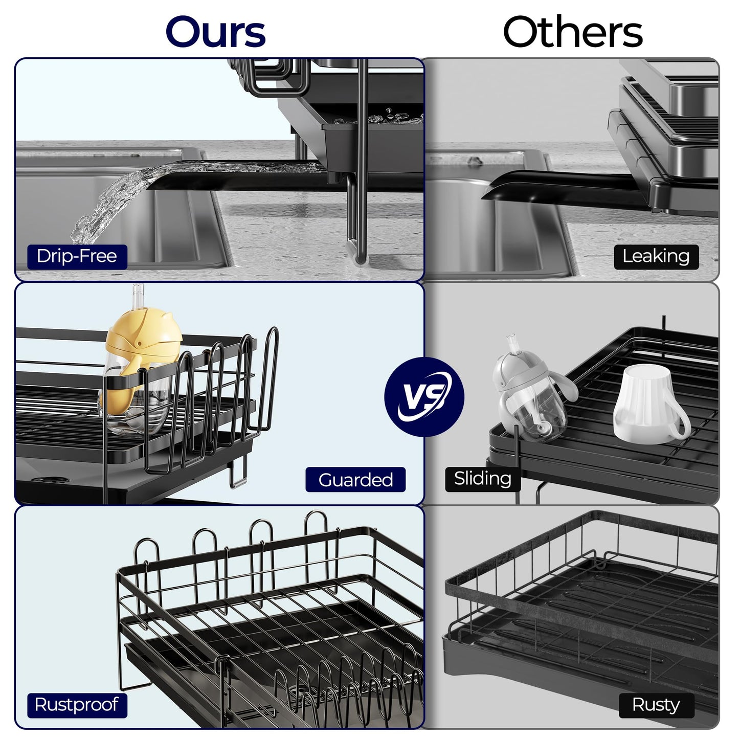Large Dish Drying Rack - Extendable Dish Rack for Kitchen Counter, Multifunctional Dish Drainer with Drainboard Set, Dishrack with Utensil Holder & Cup Holder, 13.4"-28.7" L x 11.8" W, Black