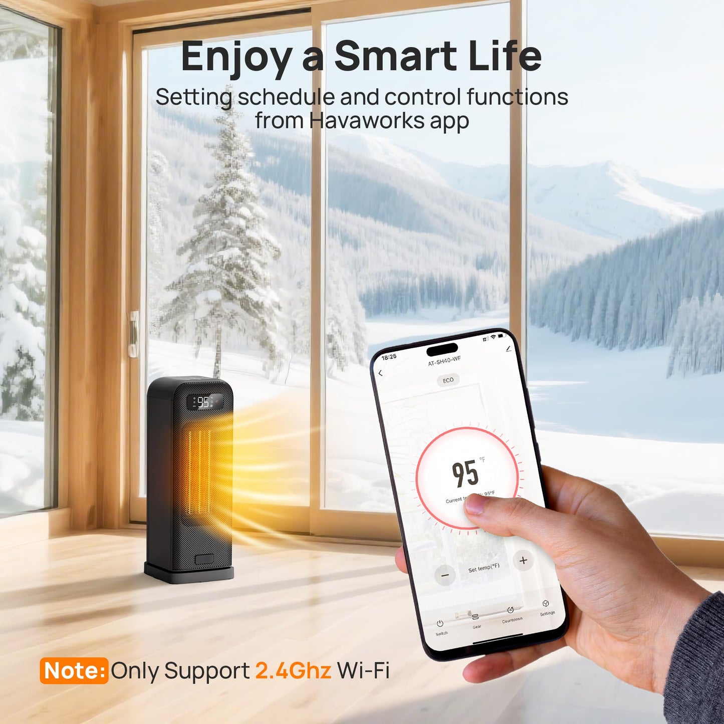 FLANUR Space Heater for Indoor Use, 1500W Portable Electric Heater with Thermostat, WiFi and APP Control, Overheat & Tip-Over Protection, 12H Timer, 4 Modes, 36dB Heater for Office Bedroom Home, Black