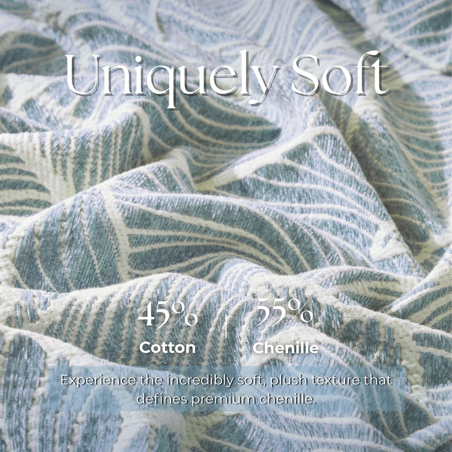 DOWN HOME Chenille Cotton Throw Blanket for Couch, Lightweight Boho Blanket for Bed Sofa Chair Living Room Outdoor Soft Woven Decorative Blanket with Tassel Gift Blue Leaves 55"x60"