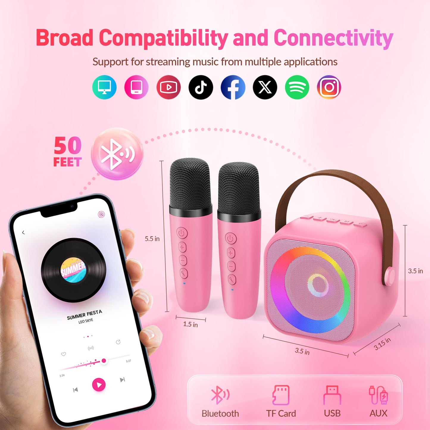 Mini Karaoke Machine, Portable Bluetooth Karaoke Speaker with 2 Wireless Microphones and Party Lights for Kids and Adults, Birthday Gifts for Girls Boys Family Home Party (Hotpink)