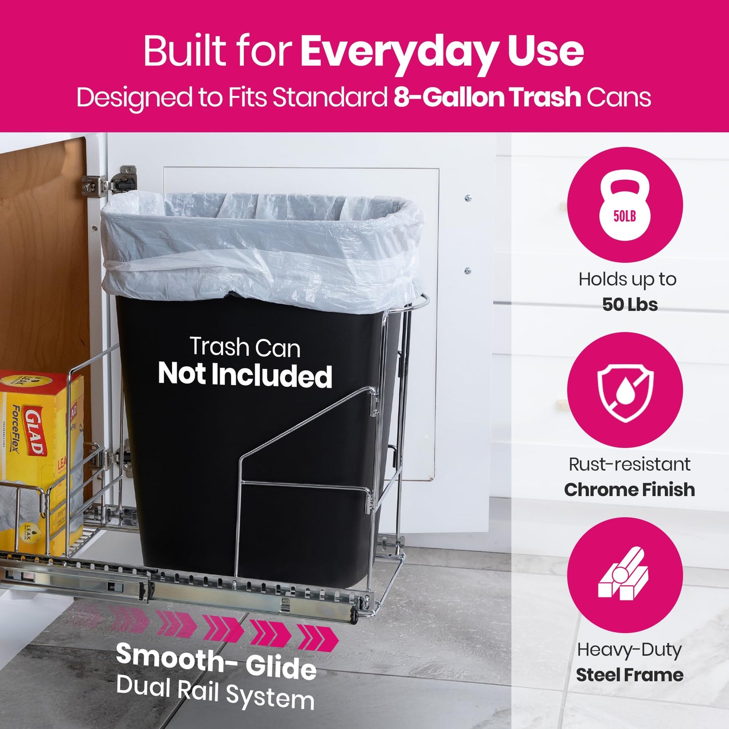HOLDN’ STORAGE Pull Out Trash Can Under Cabinet - Trash Can Not Included - Dedicated Space for Disposable Trash Bags, Requires a 11” Cabinet Opening, Adjustable, Heavy Duty, Anti Rust Chrome Finish