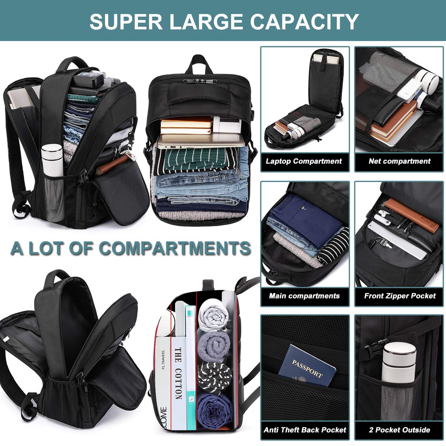 Extra Large Backpack for Men Durable Travel Laptop Backpack 50L with USB Charging Port,Water Resistant 17.3 inch Computer Bag,TSA Friendly Big Business Anti Theft Work College School Bookbags,Black