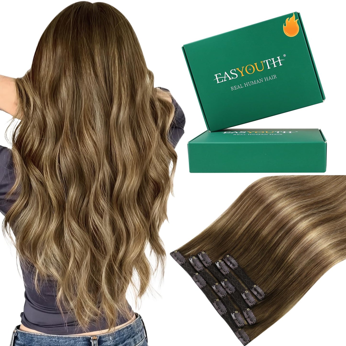 Easyouth Clip in Hair Extensions Human Hair Balayage Human Hair Clip in Extensions Brown Ombre Blonde Hair Extensions Clip in Real Human Hair 20 Inch Hair-Extensions for Women Clip-in 80g 5pcs