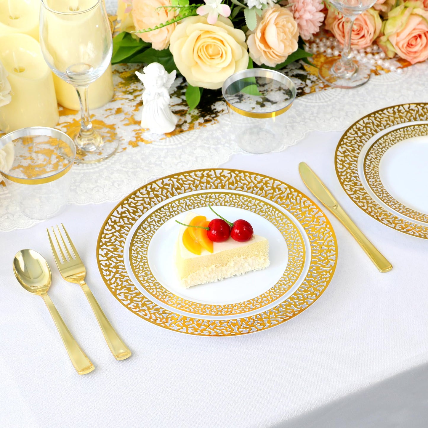 350 Piece Dinnerware Set for Wedding & Party,50 Guest Lace Design Plastic Plates,50 Plastic Silverware,50 Cups,50 Linen Like Napkins,50 Guest Disposable Dinnerware Set (Gold)