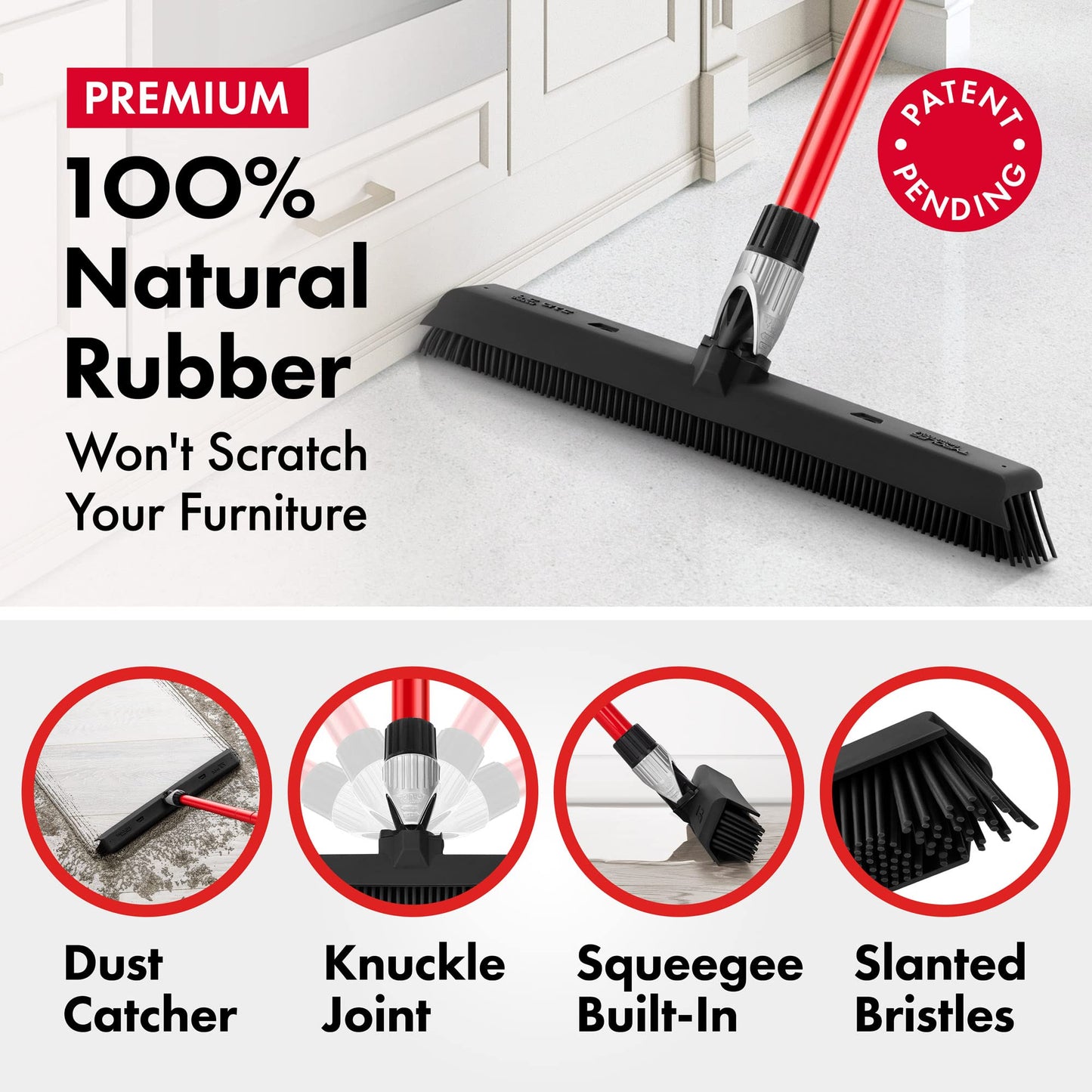 Tyroler 2-in-1 Silicone Broom & Floor Squeegee | Anti-Rust 4-Piece Handle | Perfect Pet Hair Removal for Patio, Floors, Rugs, Carpet Rake, Decks, Indoor/Outdoor (Black - Rubber)