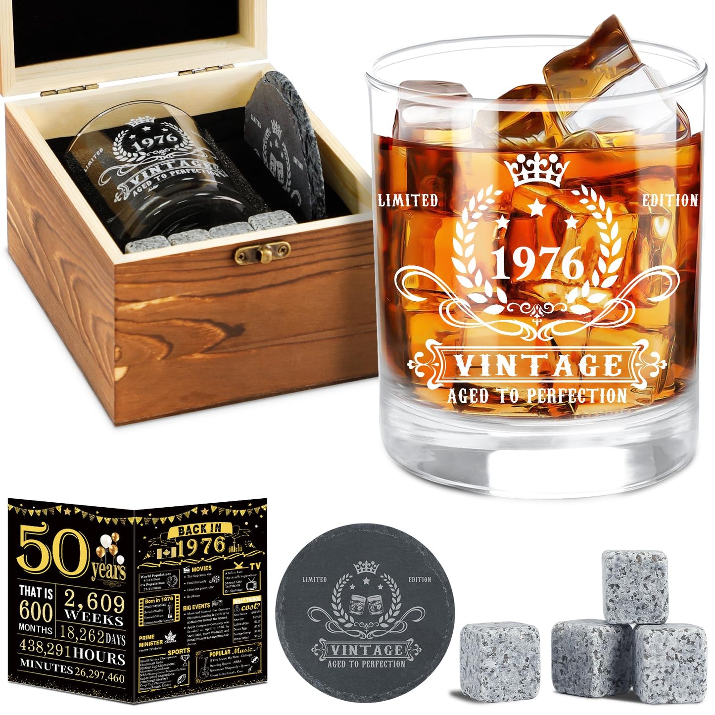 50th Birthday Gifts for Men,Vintage 1976 Whiskey Glass Set,Wood Box & 1976 Poster Anniversary Card &Whiskey Coaster & Stones,Bday Gifts Ideas for Him, Dad, Husband