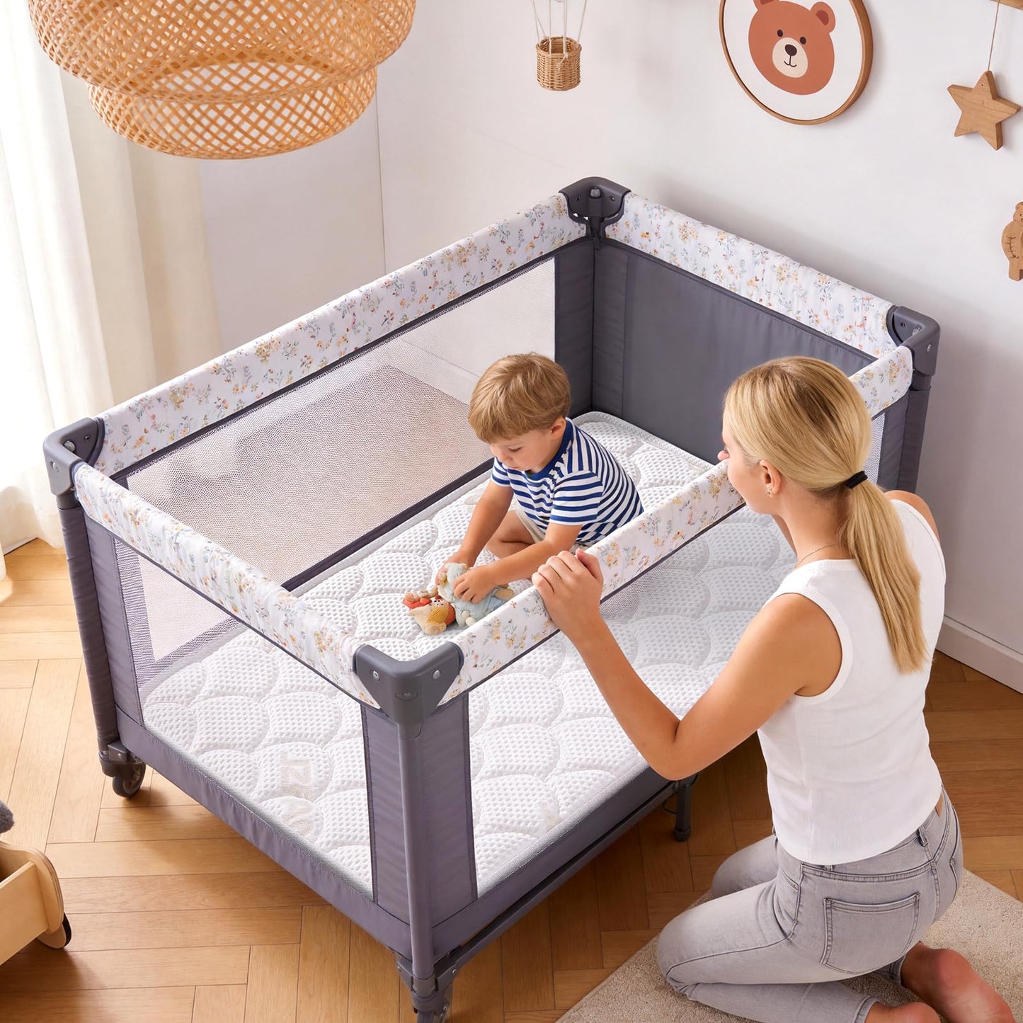 Vibe Bear Premium Pack and Play Mattress Topper 38" x 26" - Breathable, Soft, Medium Firmness Playpen Mattress Topper - Fits Pack N Play Playpens - White