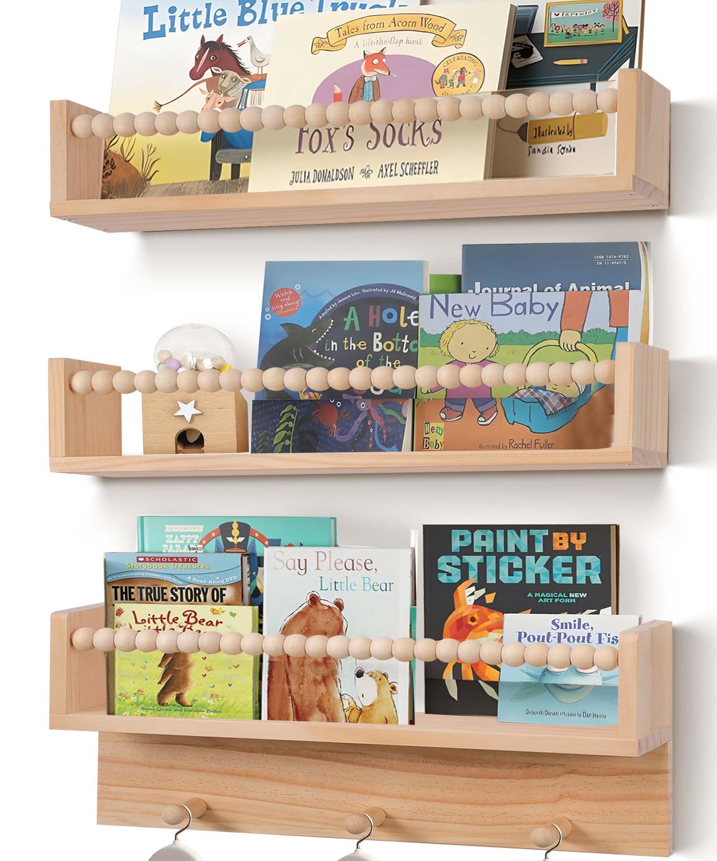BIROLA Nursery Book Shelves with Beads Set of 3,Nursery Shelves for Bookshelf Wall,Wall Bookshelves for Kids，Bathroom Decor, Kitchen Spice Rack (Natural)