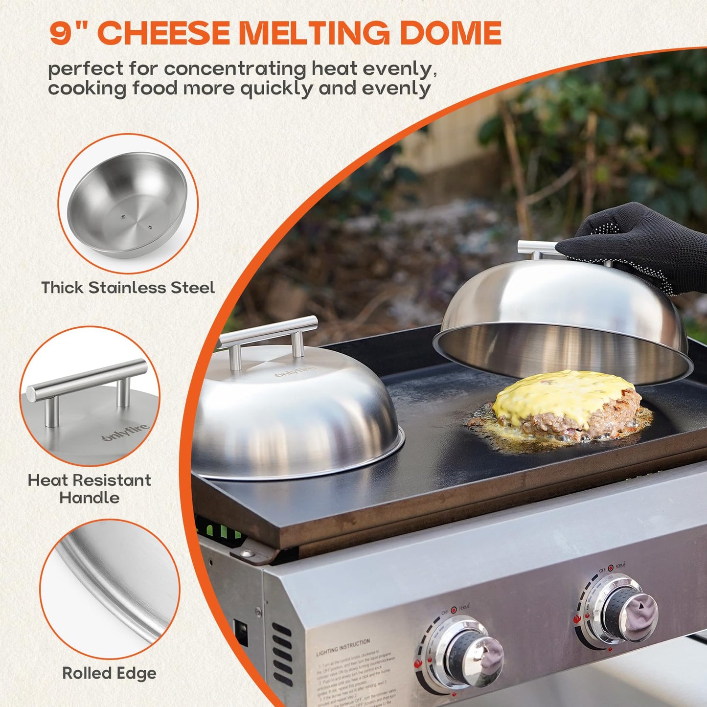 Onlyfire 3pcs Griddle Accessories Kit,Cheese Melting Dome & Burger Press Kit for Outdoor Griddle BBQ, Flat Top Teppanyaki Grilling & Steaming