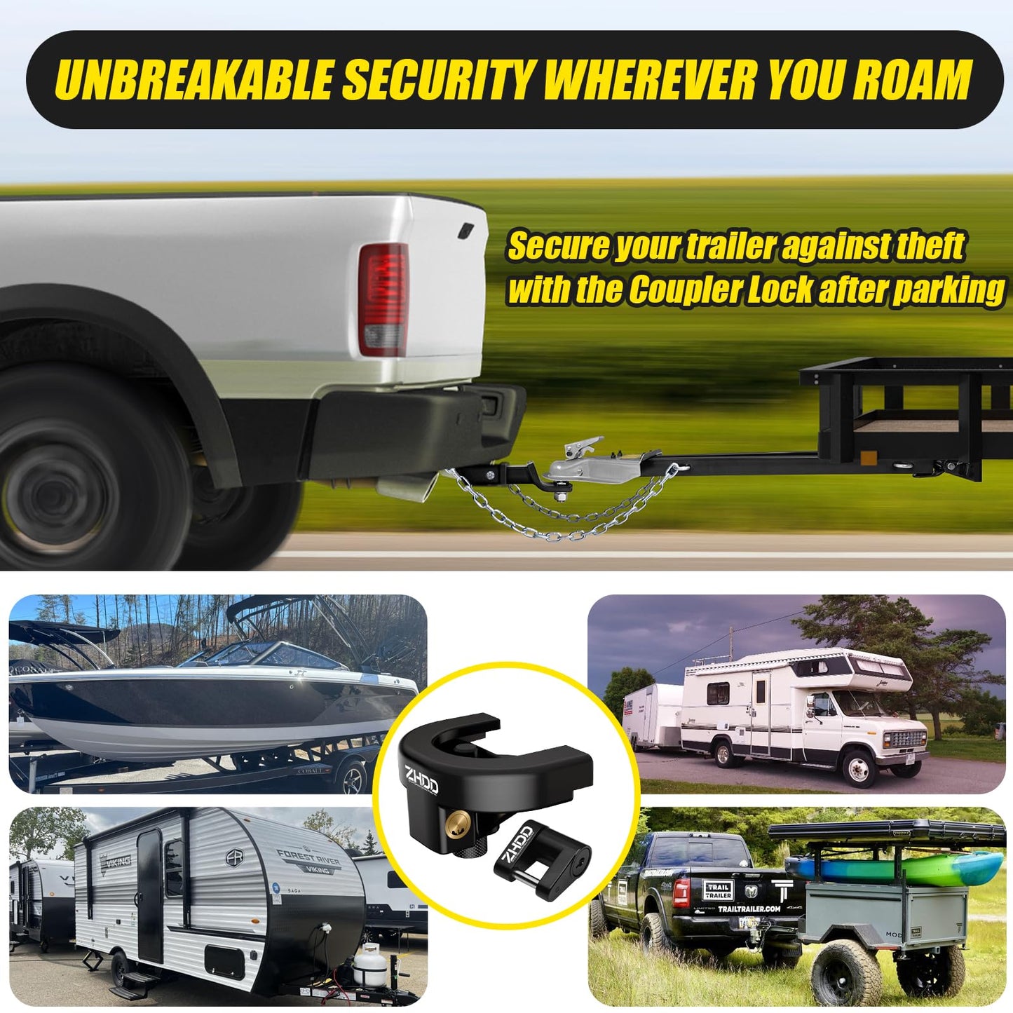 ZHDD Trailer Hitch Lock Kit,2" Heavy Duty Anti-Theft Trailer Tongue Coupler Locks Set for RV,Camper,Boat,Caravan (2 Inch)
