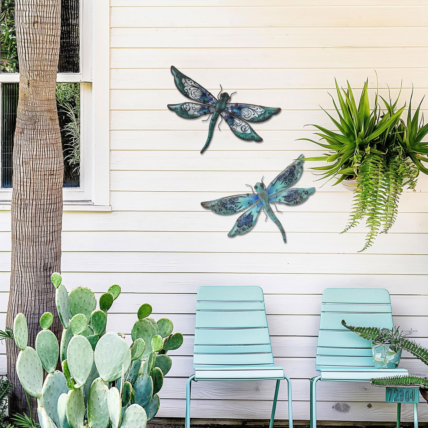 LIFFY Glass Metal Dragonfly Wall Decor a Pair - Outdoor Dragonfly Wall Art - Hanging Metal Dragonfly Decor for Garden and Home Decor - Dragonfly Gifts for Women