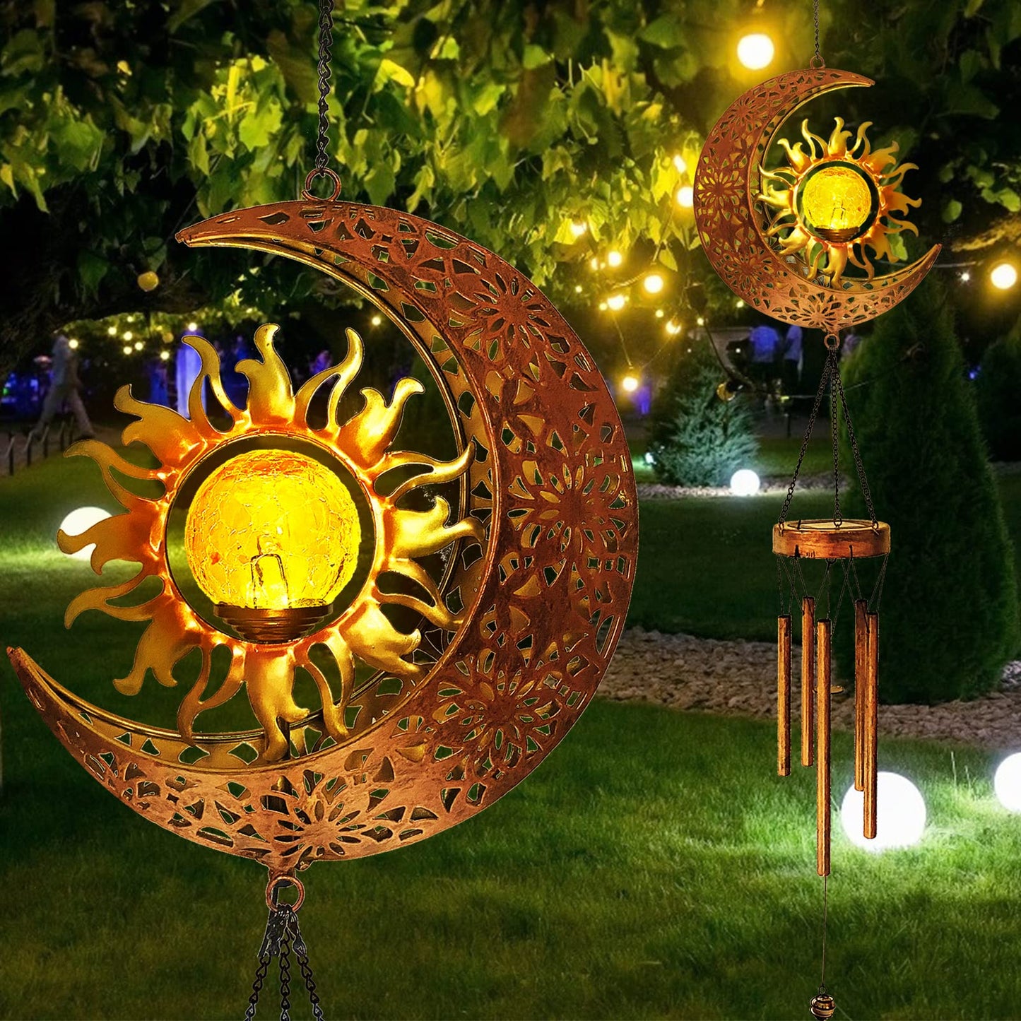 Solar Wind Chimes,Outside Moon Sun Lights Waterproof Wind Chime for Garden, Tree, Patio Hanging Decor