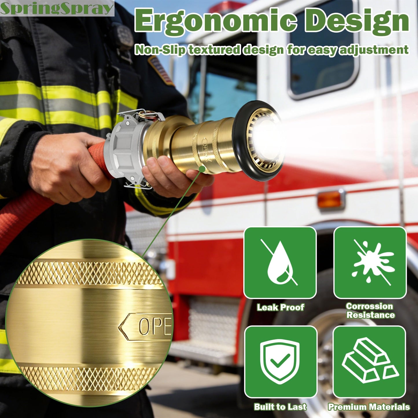 SpringSpray 2" NPSH Brass Industrial Fire Hose Nozzle with 2 x Aluminum 2 inch Camlock Fittings Couplings Fire Equipment Constant Flow Heavy-Duty Fog Nozzle