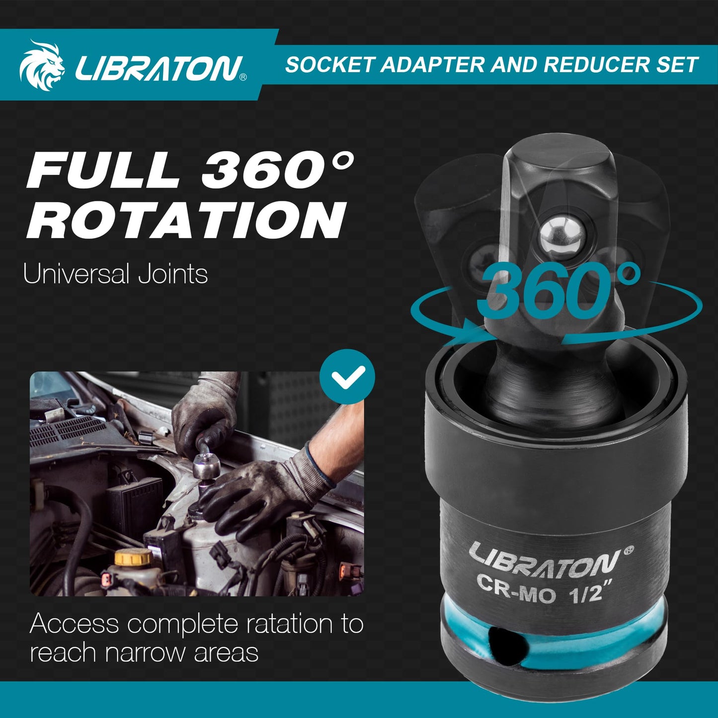 LIBRATON 20PCS Socket Adapter and Reducer Set, Impact Socket Adapters, Includes Cr-V Reducers, Cr-Mo Universal Joints, Cr-V Socket Adapter Extension, XPE Foam, for Automotive Repair DIY Project