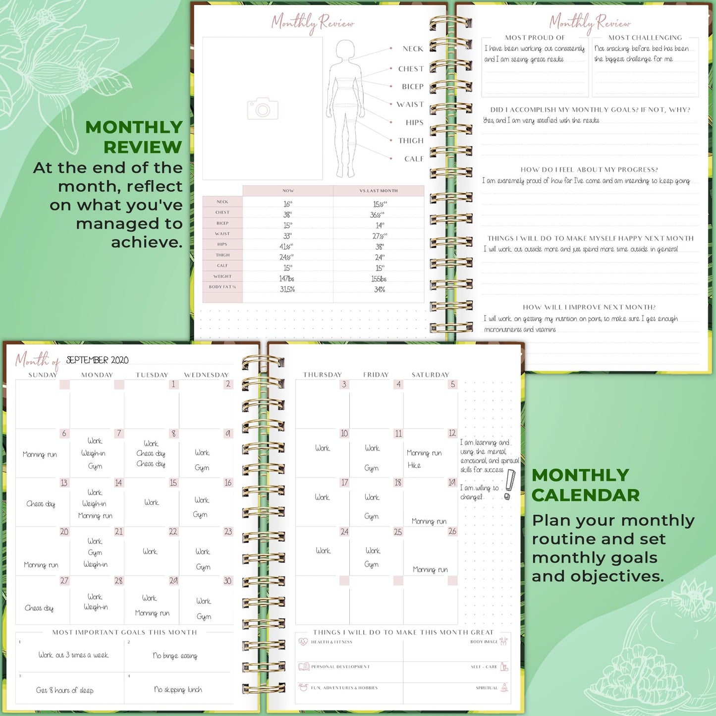 PLANBERRY Food Journal Premium – Nutrition Planner with Diet & Calorie Tracker – Wellness Diary for Tracking Meals & Exercise – Weight loss Journal - 6.3x8.5″ Hardcover (Avocado Green)