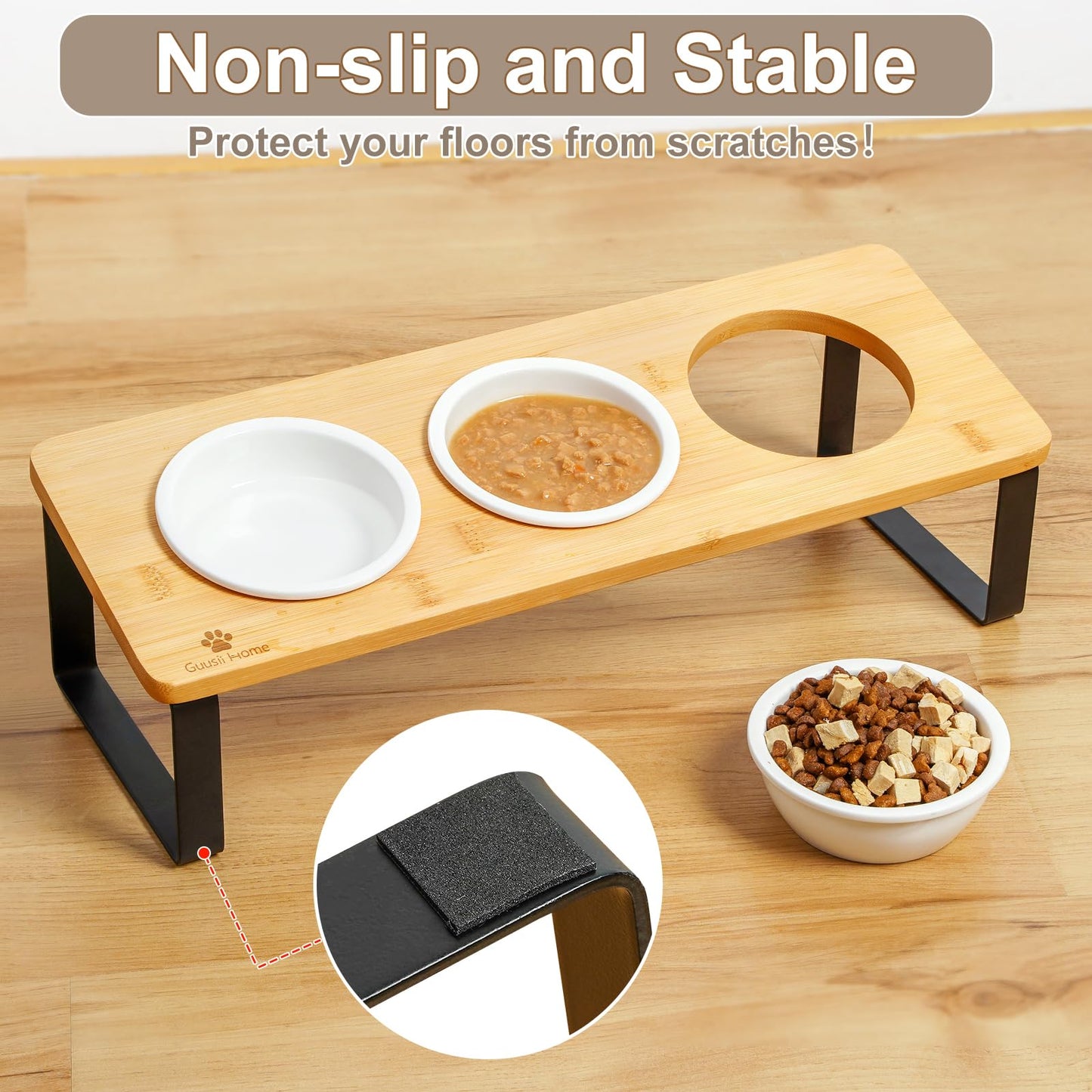 Sunhoo Elevated Cat Food Bowl Raised Kitty Dish Ceramic Tilted Pet Bowls Set of 3 Indoor Cats Dishes Dia 4.7in/12cm Anti Vomiting with Natural Bamboo Stand Gamelle Pour Chat