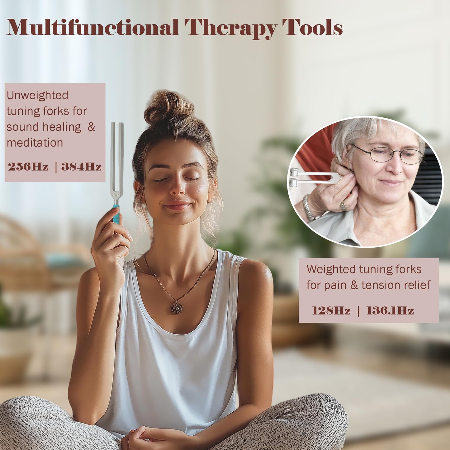Tuning Forks for Healing Set (128Hz, 136.1Hz, 256Hz, 384Hz) with Activator & Reflex Hammer, Sound Therapy Instruments for Chakra/Yoga/Meditation, Frequency Healing Devices in Vegan Leather Pouch