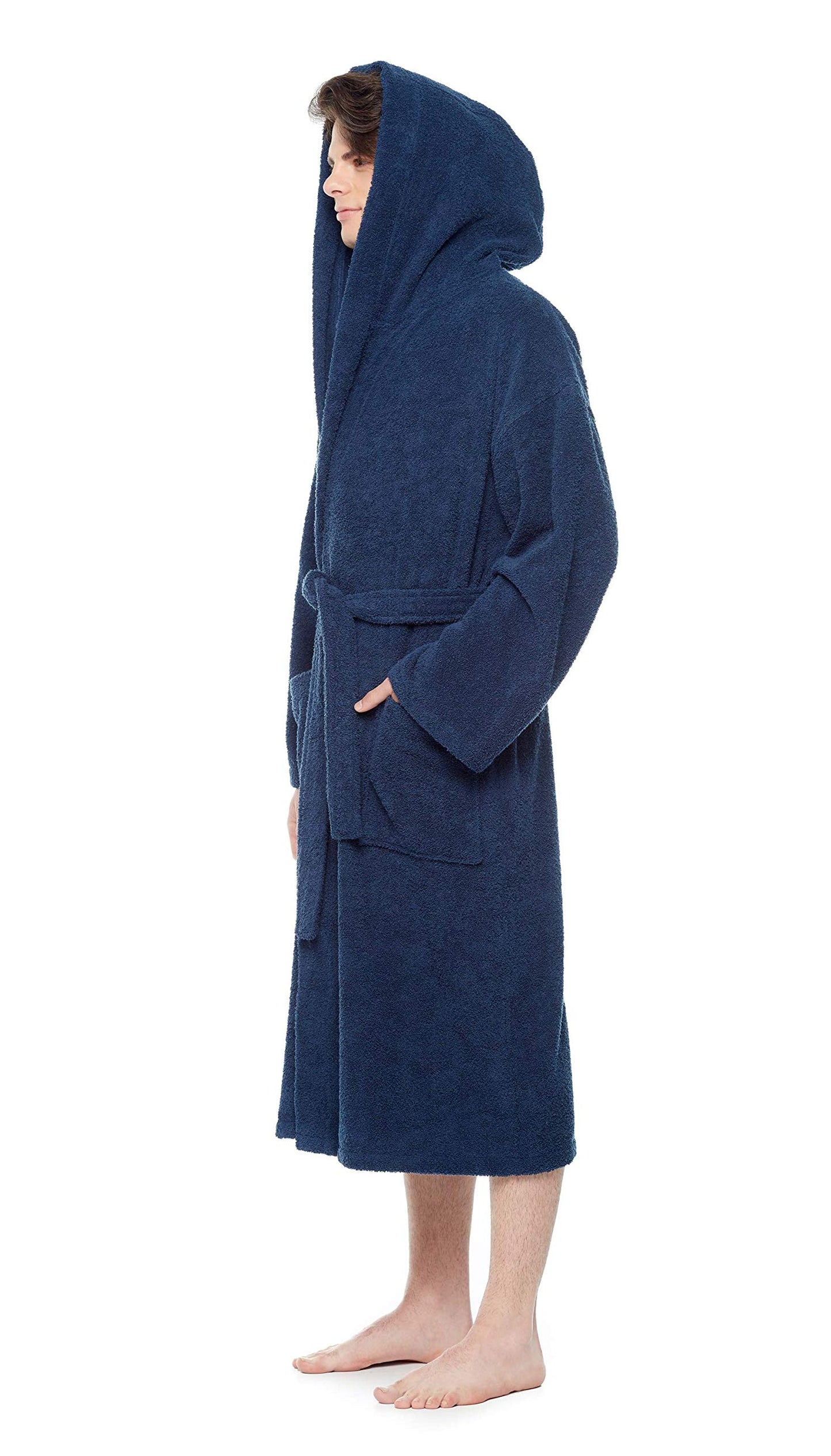 Arus Men's Hooded Classic Bathrobe Turkish Cotton Robe with Full Length Options (XXL,N.Blue)