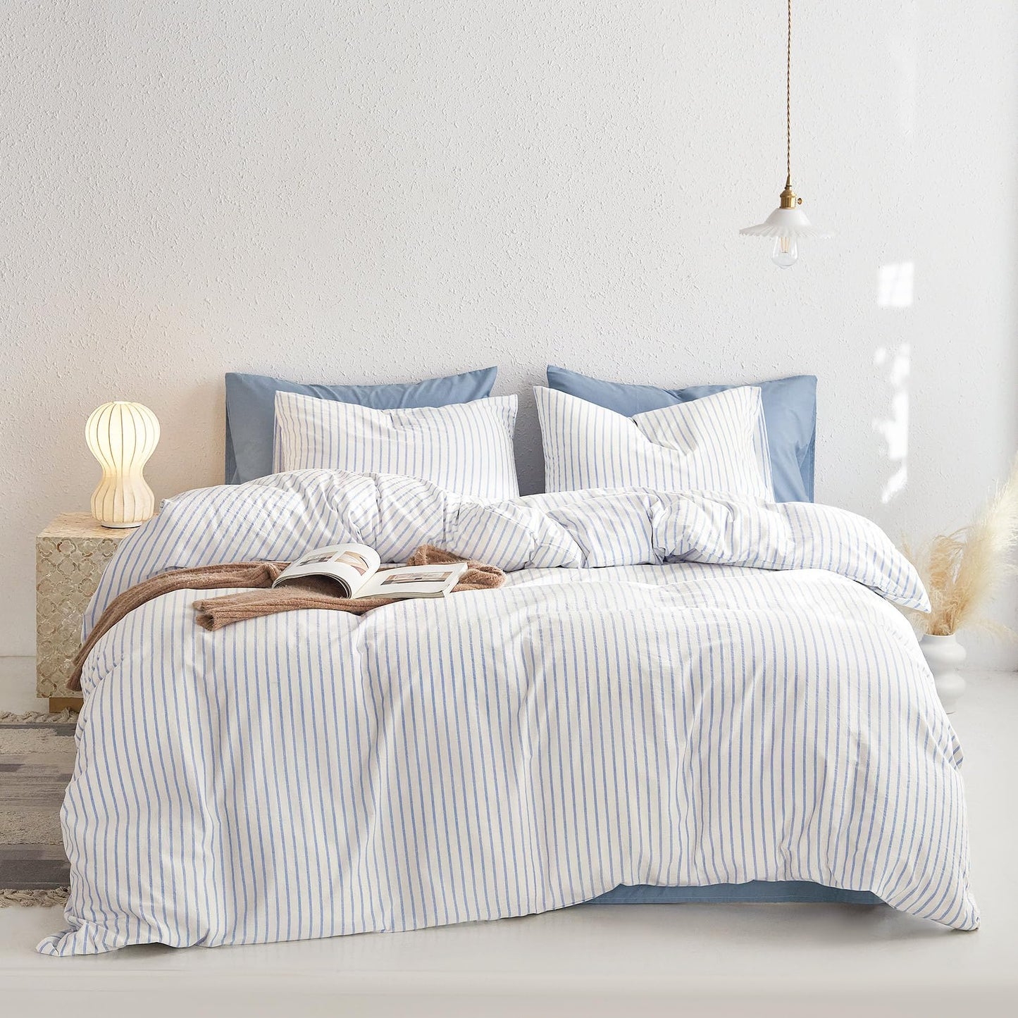Wake In Cloud - Striped Cotton Duvet Cover Set, Ticking Stripe Vertical Pinstripe Farmhouse, 100% Washed Cotton Bed Bedding Set with Zipper Closure, 3 Pieces, Blue White, Queen Size