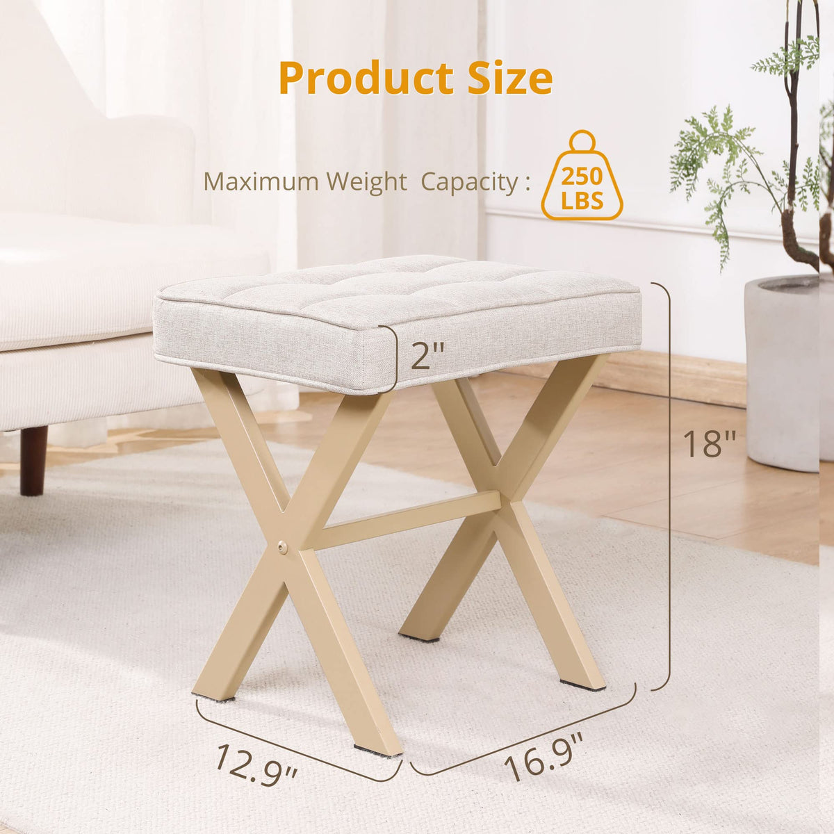 LUE BONA Vanity Stool, Square Linen Makeup Stool with Metal X Legs, Modern Padded Vanity Seat Foot Rest Stool for Makeup Room, Bathroom, Linen Color