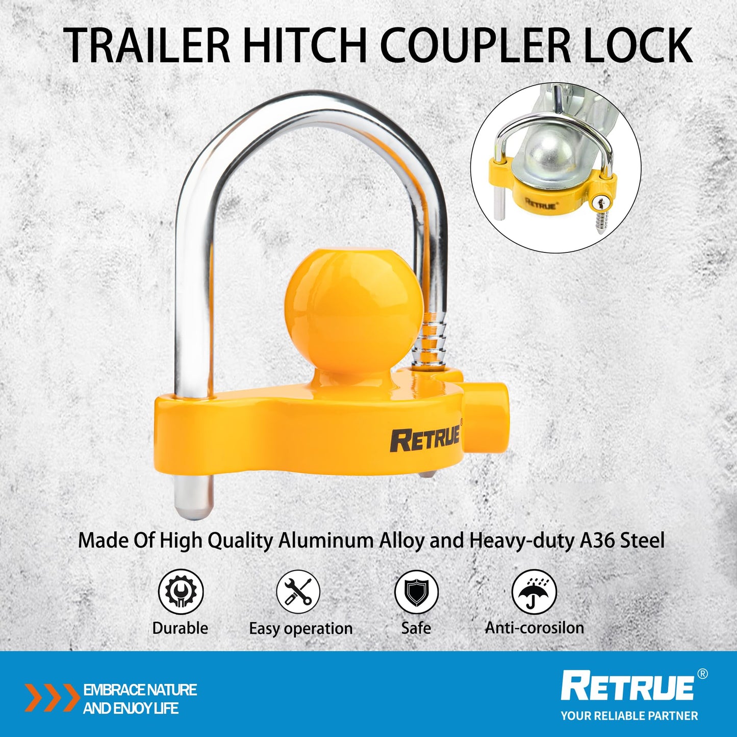 RETRUE Universal Coupler Lock Trailer Locks Ball Hitch Trailer Hitch Lock Adjustable Security Heavy-Duty Steel Fits 1-7/8 Inch, 2 Inch, 2-5/16 Inch Couplers, Yellow (Pack of 2)