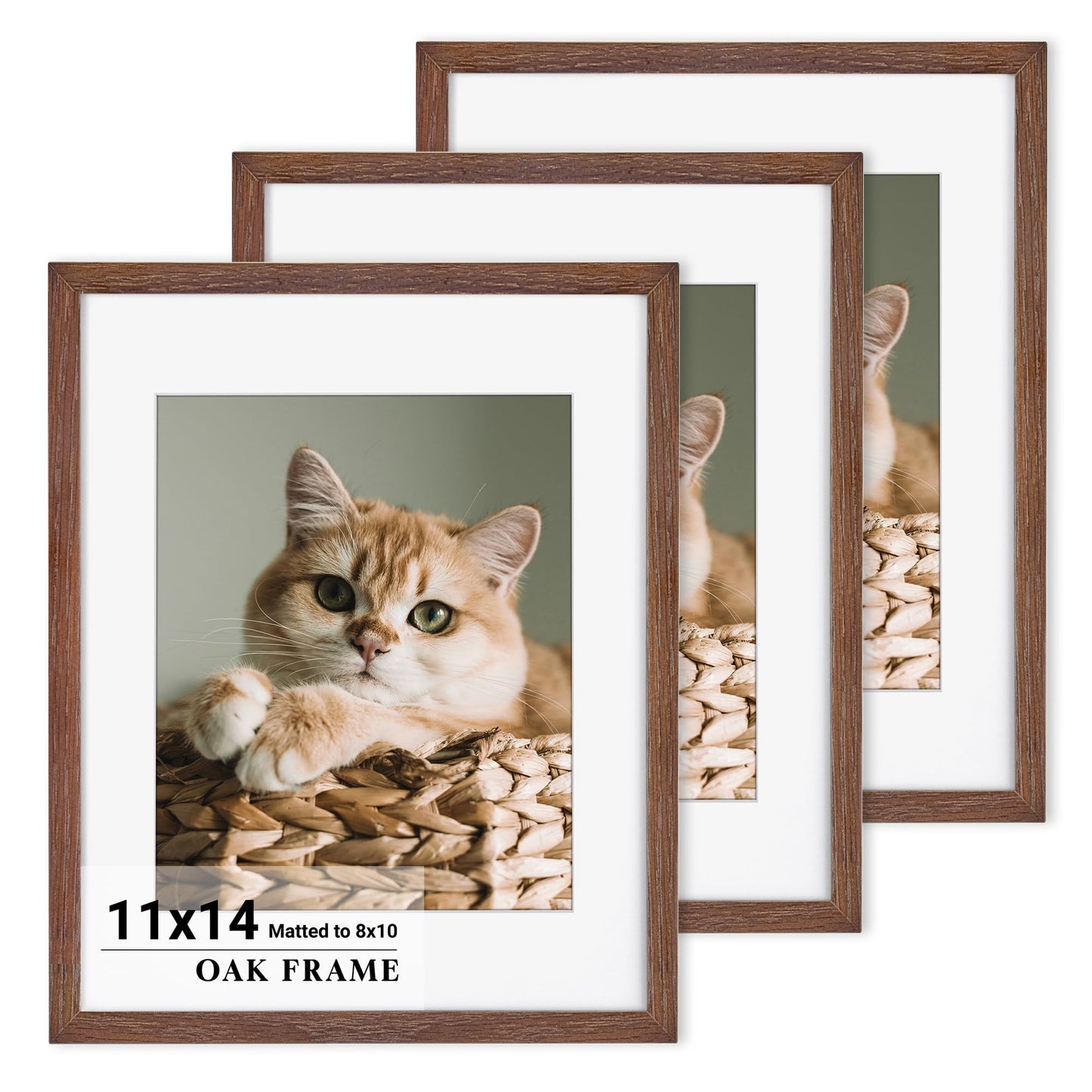 11x14 Picture Frame, Solid Oak Wood 11"x14" Photo Frame with Real Tempered Glass for Wall Home Office Poster Gallery Decor, 11 x 14 Picture Frame with Mat for 8x10, 11 by 14 Wood Frame- Walnut, 3 PCS