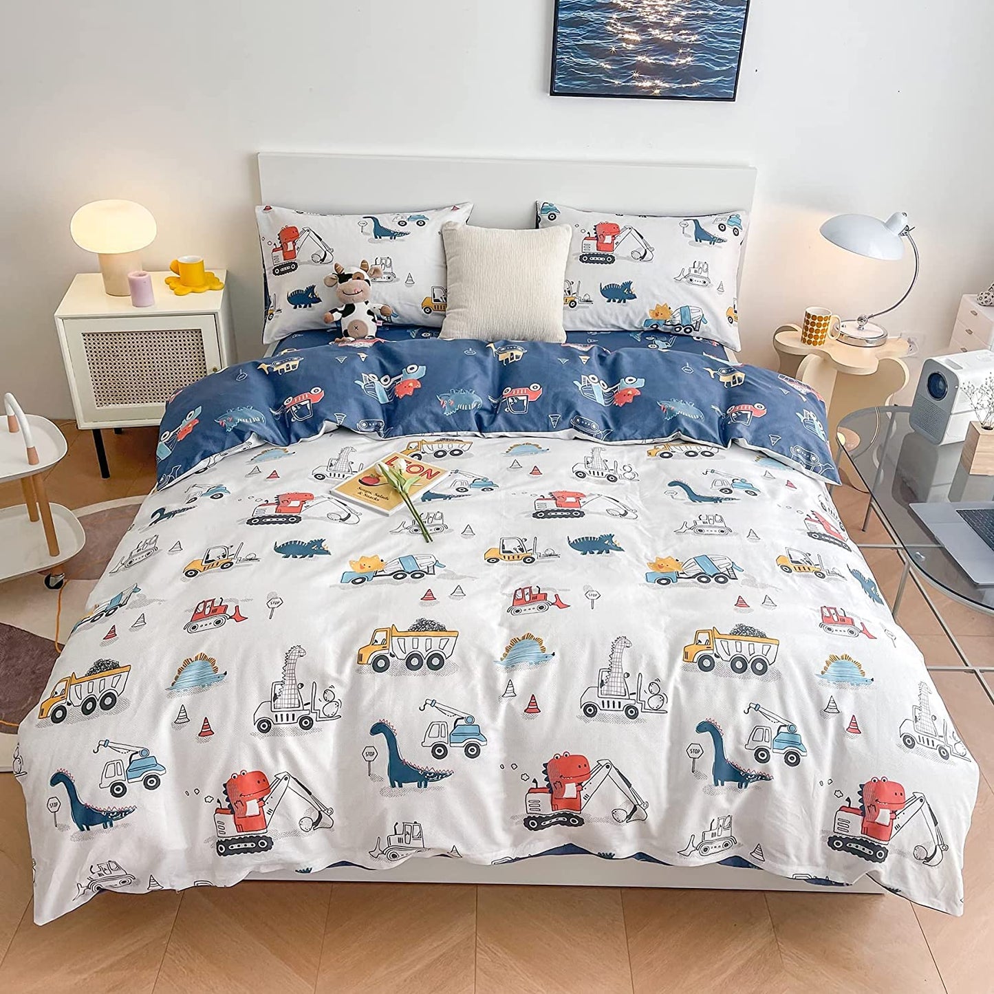 DJY Dinosaur Kids Duvet Cover Set Full Size, 100Percent Cotton Dino Truck Car Bedding Set for Boys Girls, 3 Pieces Reversible Dinosaur Comforter Cover Set (1 Duvet Cover+2 Pillowcases)