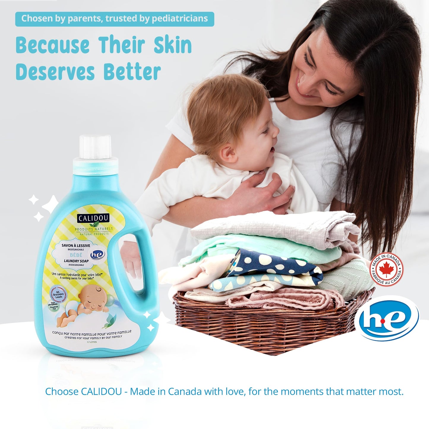 CALIDOU Baby Laundry Detergent 1.7L | Hypoallergenic & Biodegradable Newborn Clothes Laundry Soap | Organic, Vegan & Natural Washing Liquid | No Chemicals, Phosphate-Free | Made in Canada | 85 Loads