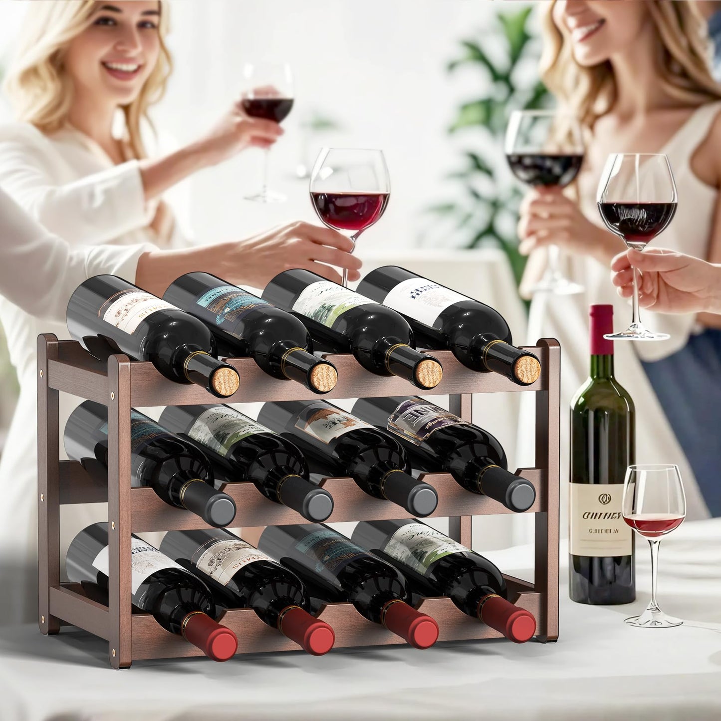 CAMOAT Wine Rack | 3-Tier Bamboo Wine Rack Organizer | Freestanding Floor & Countertop Wine Holder for 12 Bottles | Sturdy Wine Shelf | Perfect for Kitchen,Cabinets,Home Bar,Wine Storage (1, 3-Tiers)