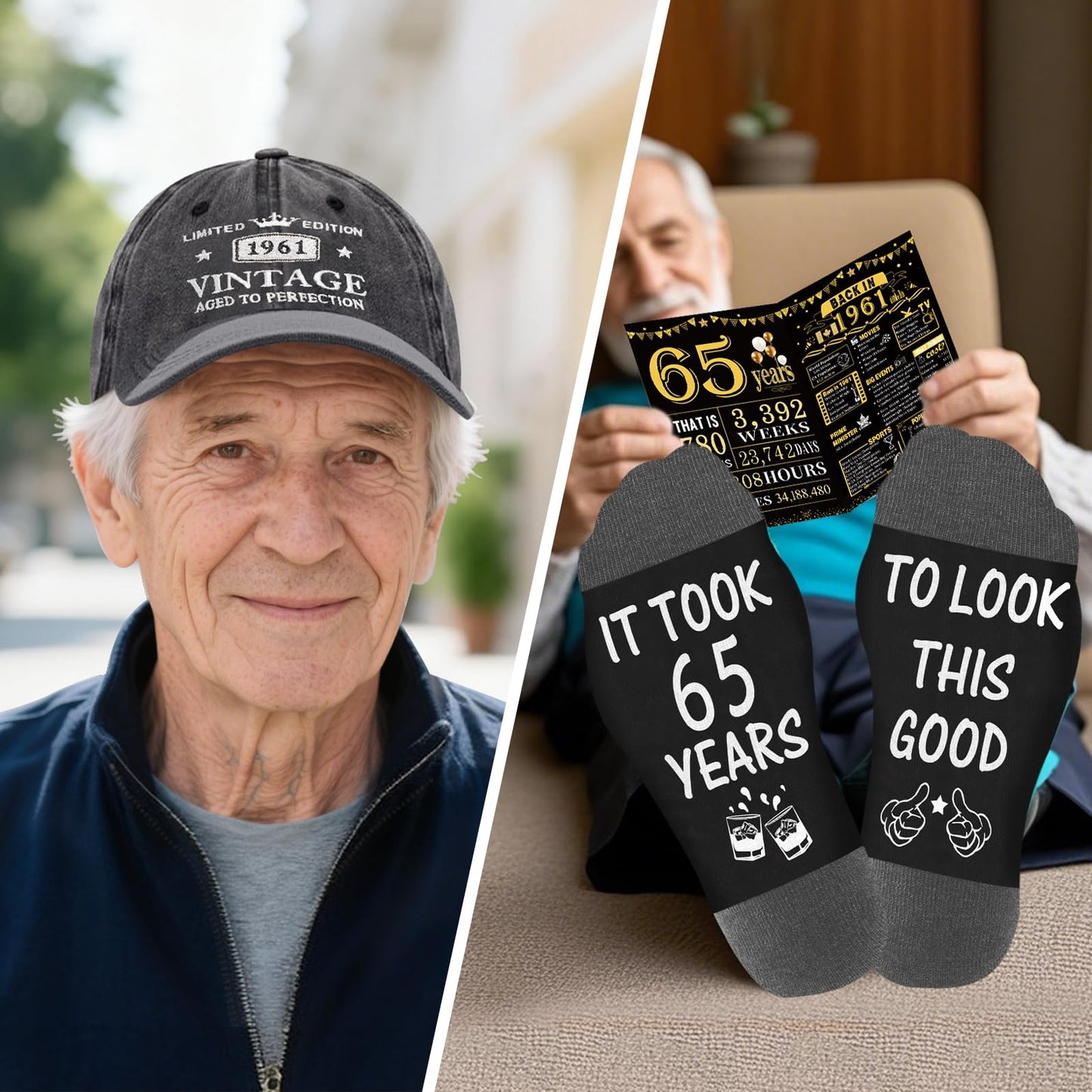 65th Birthday Gifts for Men, Cool 65th Birthday Decorations for Men, 65 Year Old Gifts for Man Who Have Everything, 1961 65th Birthday Gift Baskets for Man Whiskey Glass Baseball Cap Socks Stones