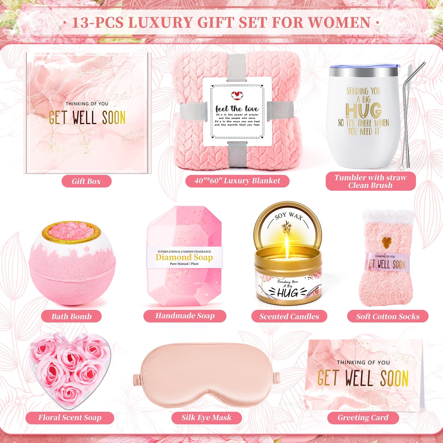 14PCS Get Well Soon Gift Baskets for Women, Birthday Baskets, Get Well Soon Gifts for Women After Surgery, Birthday Thinking of You Mothers Day Gifts for Mom Her Friend Sister Wife