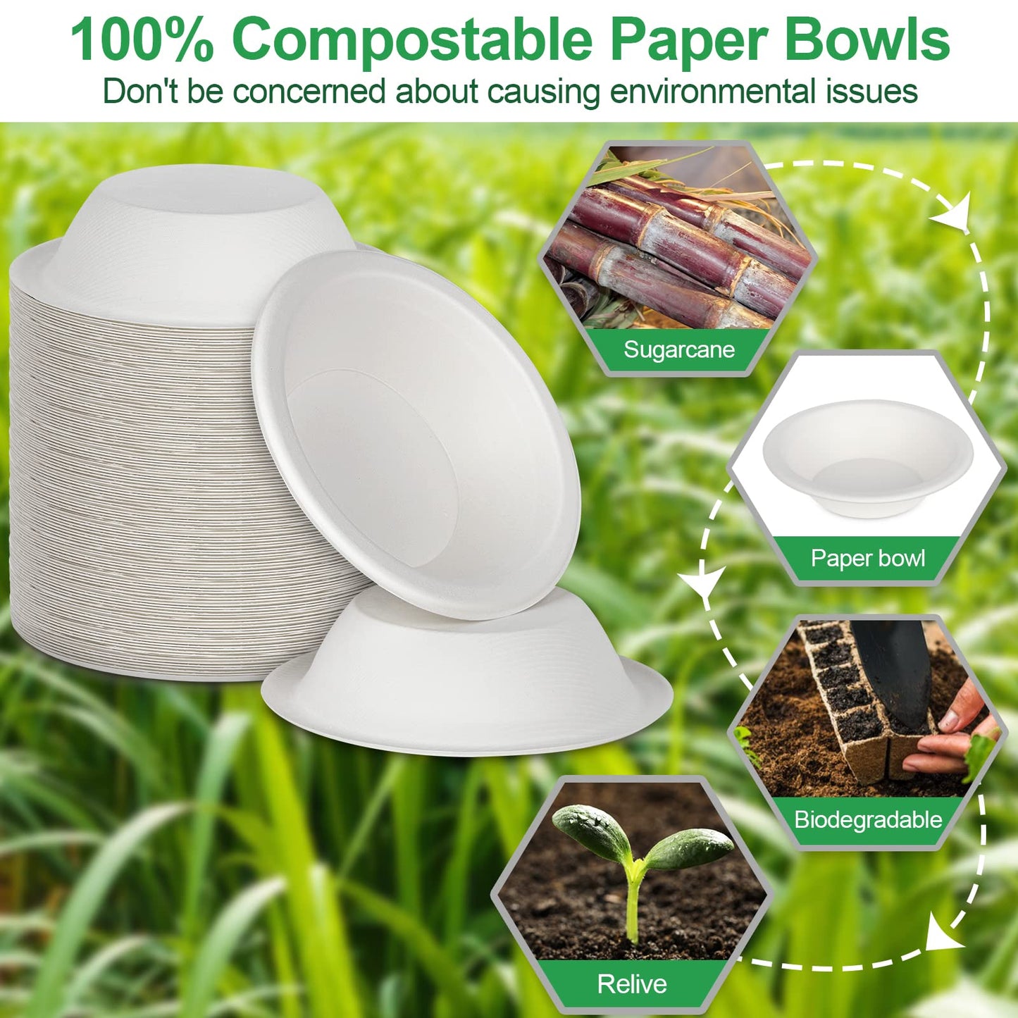 Paper Bowls Disposable 20 oz: 150 Pack Compostable Paper Bowls, Heavy Duty Disposable Bowls for Hot Soup, Salad, Ice Cream, Biodegradable Bowls Made Of White Sugarcane
