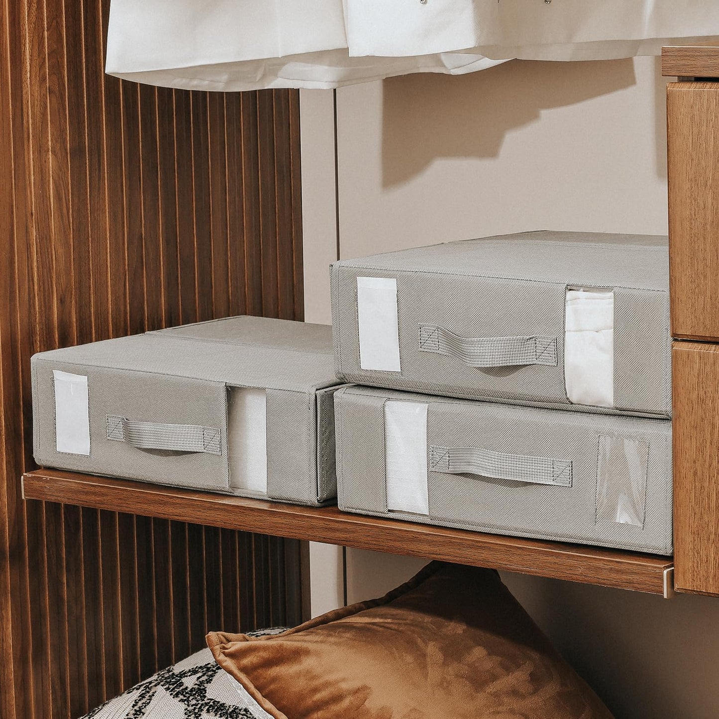 DIMJ Bed Sheet Organizers for Closet - 6 Pack (Queen or King) Bedding Organizer with Reinforced Handles and Window Closet Foldable Storage Box for Bedroom Blankets,Covers, Pillowcases(Grey)