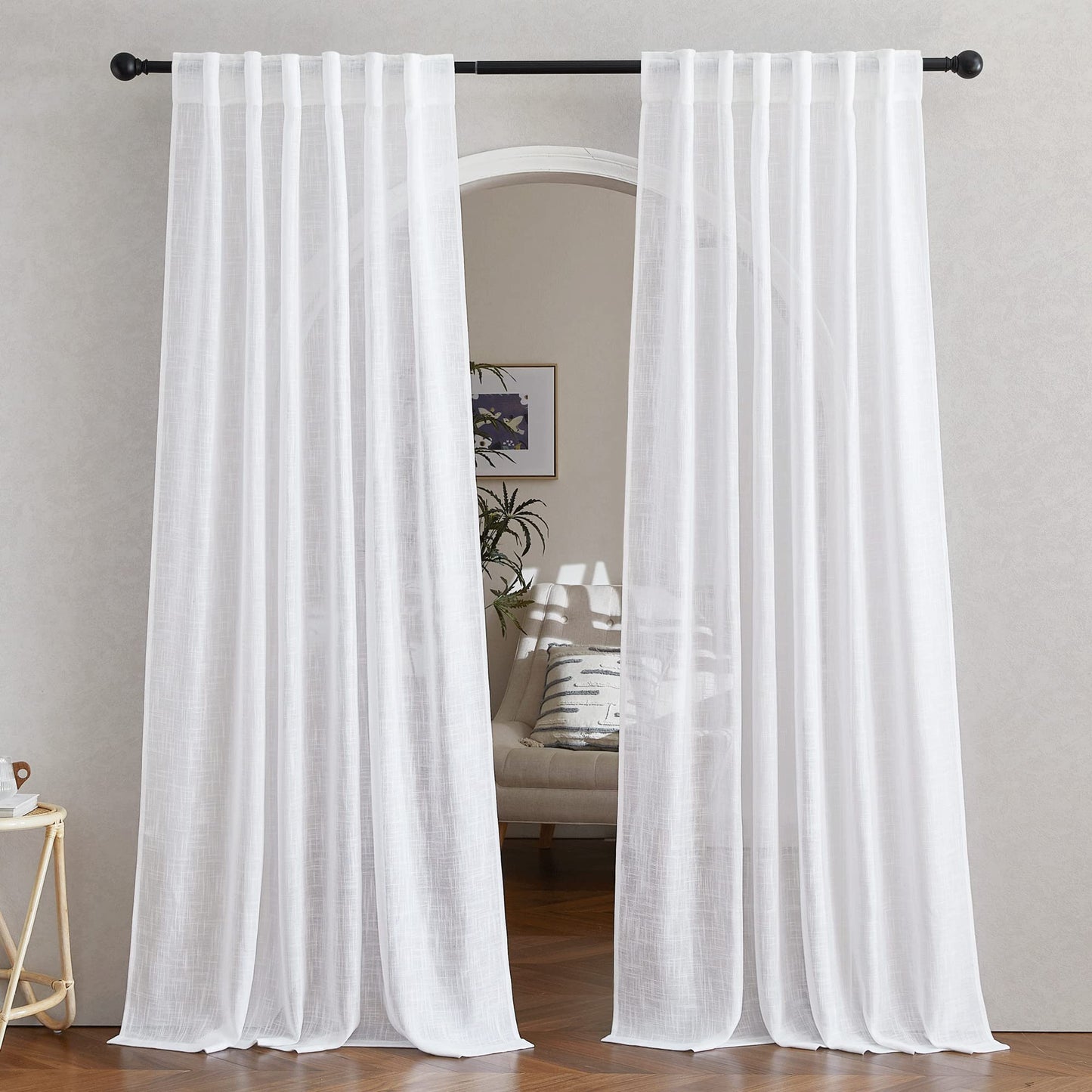 NICETOWN Linen Textured White Sheer Curtains 84 inches Long for Living Room, Semi Sheer Voile Panels Rod Pocket & Back Tab Design Translucent Privacy Protect for Bedroom/Kitchen, 52W x 84L, Set of 2
