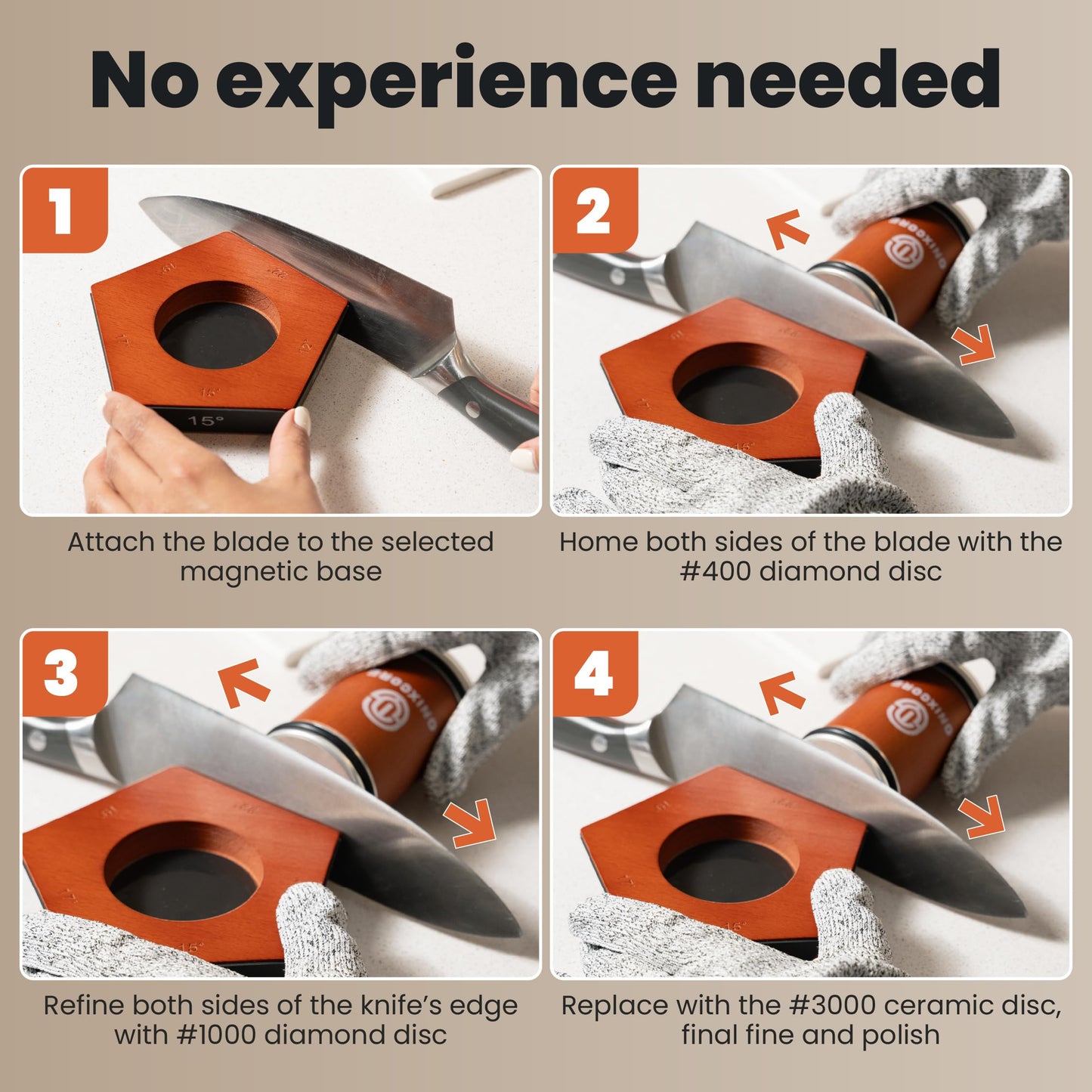 Onixcore Kitchen Knife Sharpening Kit - Rolling Knife Sharpener 5 Angles (12,15,17,19,22°) - 5 Sided Rolling Knife Sharpener with Replacement Discs and Gloves - Rolling Sharpener for Knives